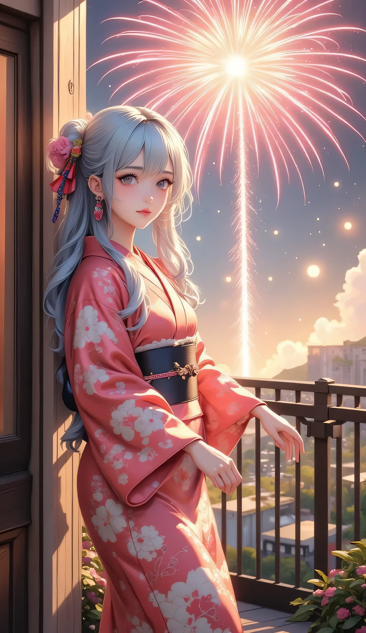 (((full body))),Scenery showing fireworks,Beautiful fireworks,Woman in yukata,(((full body))),high quality realistic 3d rendering,precise texture,Sparkling night view,Deep Colors,sophisticated composition,Charming Atmosphere,Delicate Details,Exquisite Bokeh ,Masterpiece,City