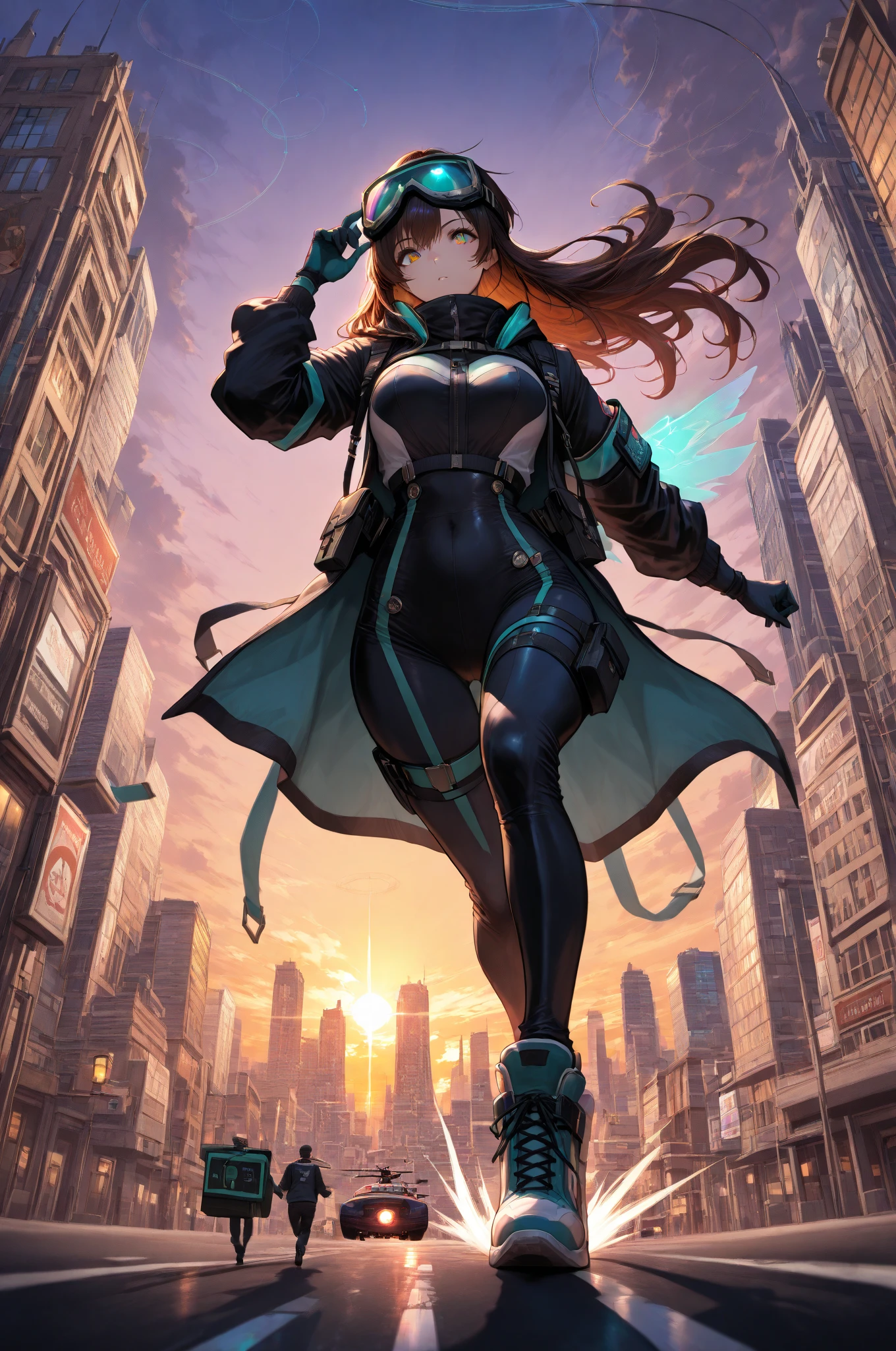 (masterpiece), (best quality:1.4), (perfect anatomy:1.4), high quality, expressive eyes, full body, detailed face, beautiful face, perfect face, 1 girl, breasts, cleavage, gloves, huge breasts, cyberpunk clothes, ultramarine jacket, very long hair, thigh length hair, ({dark skin}), dark-skinned female, detailed ((red hair)), messy hair, green eyes, braid, gloves, jacket, hourglass physique, casual outfit, shorts, dynamic lighting, cityscape background