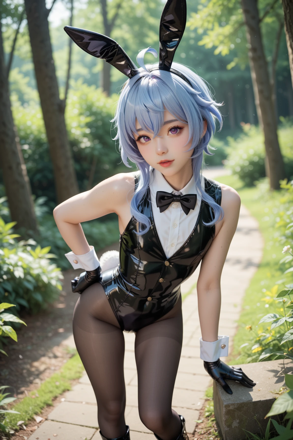 best quality, tmasterpiece,Ultra-high resolution,Clear face,（Reality：1.4），ferpect lighting，(full body photo), (photorealistic:1.50), anime wallpaper, Guviz style artwork, cover-up fantasy up to magic , by Yang J, Guviz, beautiful artwork illustration, beautiful digital artwork, beautiful digital illustration, Li Song, beautiful anime portrait, art style in Beauvot, ganyu \(genshin impact\), 1girl, Twin horns, blue hair, detached arms, standing, purple eyes, looking at viewer, 独奏, ahoge, long hair, bell, train interior, bangs, breasts, vision \(genshin impact\), ,  shoulders, black ,