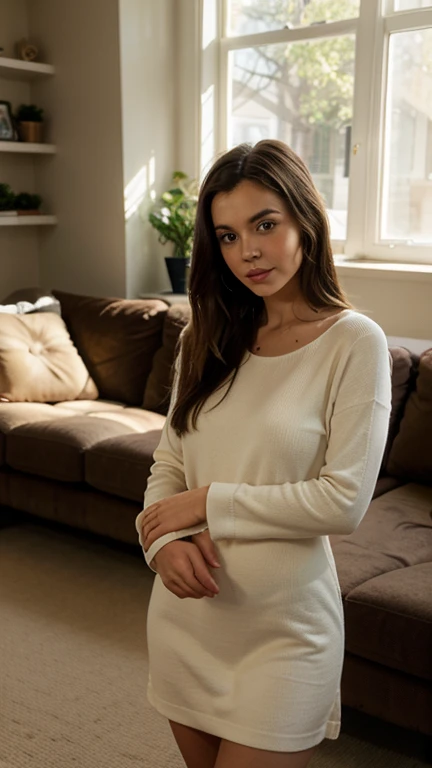 young woman, dressed, brown, in a sofa
