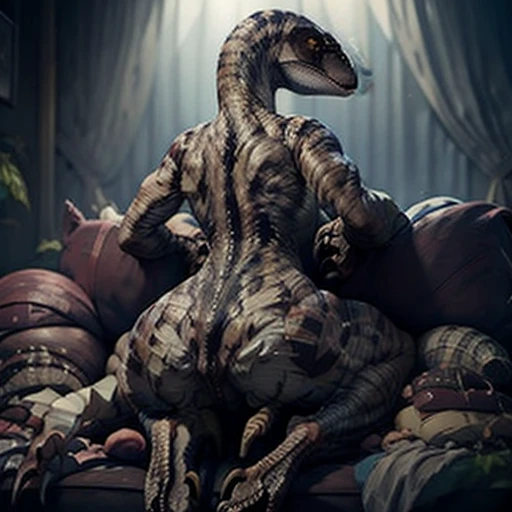 8K, Raptor, NSFW, full body, big boobs, pregnant, black body, red nipples, bedroom, pussy, laying eggs, giving birth, filled with eggs, egg coming out of pussy,
