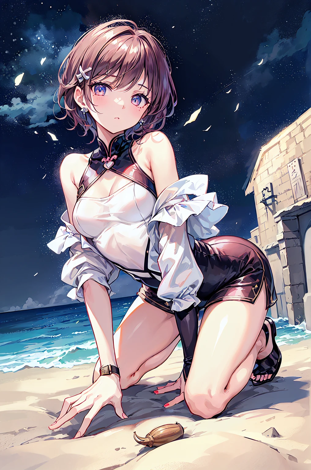 Visible、The cleavage protrudes、(8K、top-quality、tmasterpiece:1.2)、(hentail realism、Photorealsitic:1.37)、ultra - detailed、1 rapariga、Cute Baby Turtle、独奏、Beautiful detailed sky、Detailed Cafe、natta、Sit on the、Date、(Nasal blush)、 (A smile:1.15)、(a closed mouth)、Fine and beautiful eyes、(aprons:1.1)、natta、Wet、short detailed hair、、White lace、(short-hair:1.5)、Float NovaFrogStyle、toppless、full body Esbian、a 20 yo woman、A brown-haired、、with brown eye、Small head、((A-Cup))、fashionable girl、beautidful eyes、True face、real looking skin、lifelike face、real looking skin、A detailed eye、Doing yoga、(fashion hair:1.3)dynamicposes、peeping at the viewer、View detailed face and breasts、Announcer,see through shirt。The tips of the are sticking out。areola is protruding。The shape of the pubic region is clearly visible。gals。a lot of lashes。Pure black eyeshadow。Pitch-black lips。Solid black sexy needle heels。pubick hair。The lower abdomen bristles。slenderness。Crotch open。Mine is huge，It's about to spill out of the bra。Very much pubic hair。pubic hair is very protruding,petite and delicate figure、A-Cup、Camel toes、Protruding＿teaxs