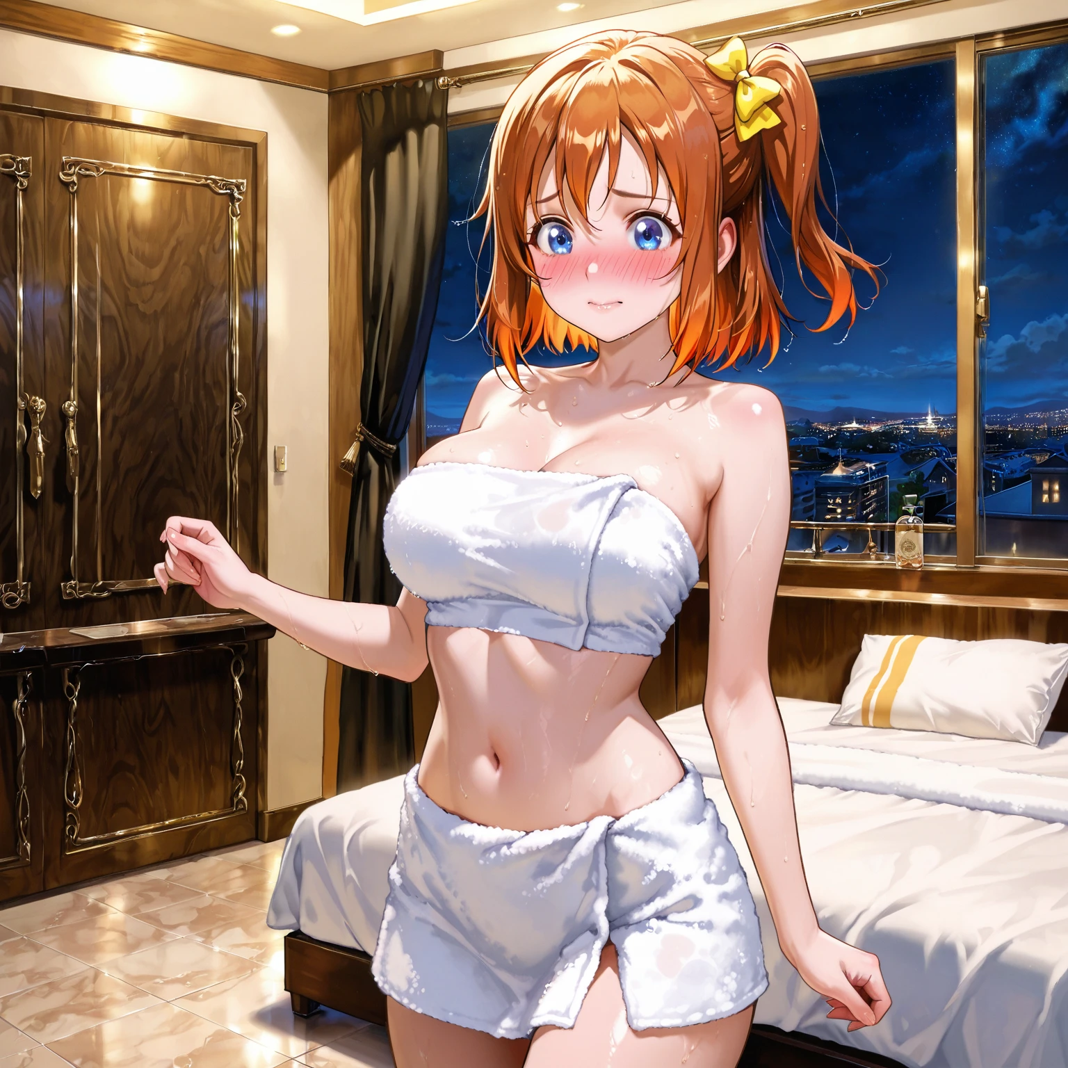 Pov, (from below), glow, Thighs, collarbone, (Masterpiece), wallpaper, 1girl, solo, red santa claus suit with white details, cleavage, red ribbon, bare legs, Yotsuba nakano, NSFW, wide angle, 1girl, alone, sweaty, blushing, makeup, pink lipstick, smiling, provocative, blue eyes, short hair, orange hair, short hair, good hand anatomy, standing, bed, cleavage, big breasts, mid-waist, thighs wide, medium hips, room decorated with Christmas lights, window with outward view, Night, night light entrance