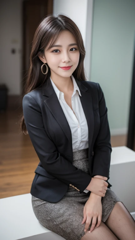 The face of a hostess、Wearing a navy blue business suit、Skirt、Black Stockings、high quality、Surreal、healthy、Smiling face、Slim and perfect figure、Japanese Beauty、Beautiful Eyes、Perfect Face、Beautiful Skin、From the back、Background is an office on a high floor、By the window