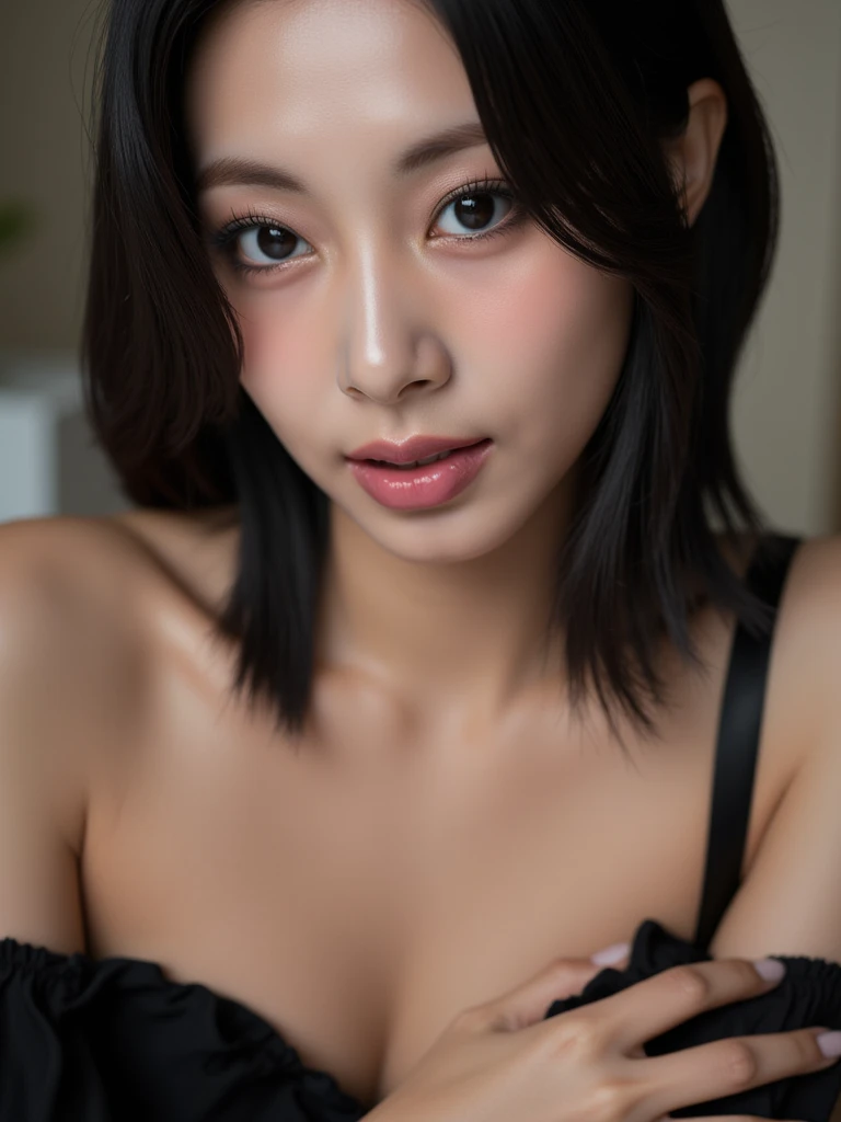 image of one woman、big breasts、kneel、look up、Upper eye line、、Black underwear、、Smooth skin、masterpiece、highest quality、8k photo、(close ~ eye)An excited look、A wistful look、blushing face、Excited expression、please open your mouth、(wrinkles at the corners of the eye:1.1),Female, 34 years old、Please bring your face closer to the audience、Pretty wet and shiny lips、Kissing Face、