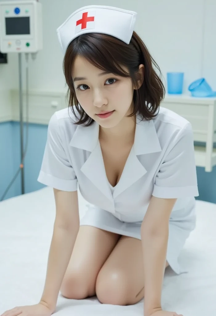 (muste piece:1.2),(8K high quality), (highest quality), (RAW image quality), (Reality), (It's photorealistic:1.37), large eyes,long eyelashes,It's exquisite(Live-action realistic style),ultimate face,Photorealistic light and shadow,clear facial features,milky white skin, high detail skin,realistic skin details,visible pores,(super detail),(short hair),best portrait,((Front shot taken from a distance)), Only one girl, cute type,beautiful detailed eyes, beautiful detailed nose, highly detailed skin) ,(Beautiful face with double eyelids), (Realism: 1.4),excellent detail, super high resolution,,,delicate and beautiful face,,25 years old,(beautiful face 1.4),slender,,((Photographed inside a hospital operating room)),, ((Wearing nurse clotheake eye contact with your audience),wearing a nurse cap,(The inside of the hospital is white.),,very beautiful feet,(Short skirt),I'm squatting while showing my crotch.,leg spread,((Crouch in front of the viewer)),(I like to show my crotch to my viewers),squat with your legs slightly open,(You can see her white panties when she squats down.),,(Squat down with your inner thighs),the hospital floor is white,gesture of placing hand on cheek,Crouch in front of the viewer,((Crouch in front of the viewer))