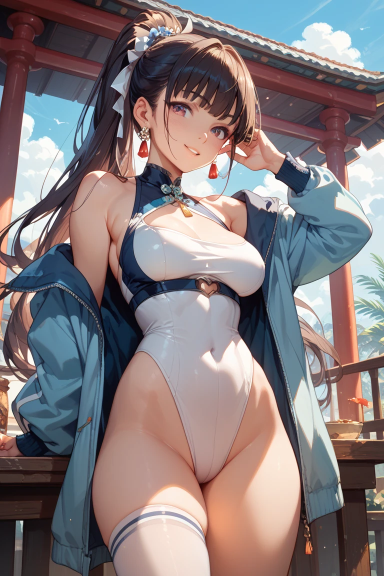 eye glasses、flat chest、highleg、The whole body can be seen from directly below、Delicate body、White ponytail、Beautiful open legs、Japanese clothes