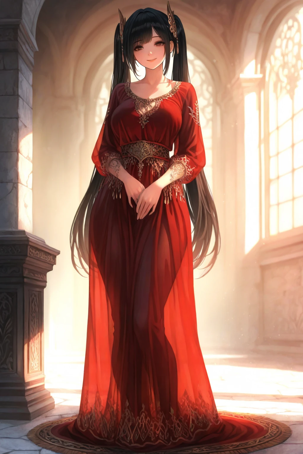((1girl, solo)), beautiful body, (perfect anatomy, perfect body, perfect hands, perfect legs), nice hands, natural proportions, sexy body, large breasts, standing, full body, own hands together BREAK
((extremely detailed face)), (beautiful detailed eyes:1.6), (realistic pupils, realistic iris:1), expressive eyes, ((looking at viewer)), (clear eyes:1.3), (hyperrealistic:1.2), (detailed skin texture:1.2), smooth skin, red hair, long hair, (detailed lips:1.2), (attractive lips:1.1), (glossy lips:1.1), (smile), perfect face, perfect eyes, earrings BREAK
strapless dress, long dress, (tight waist:1.5), collarbone, bare shoulders, detached sleeves, long sleeves, wide sleeves BREAK
indoors, (checkered floor:1.2), (glass window:1.3), mid day, medieval BREAK
(masterpiece:1.5), anime-style, top quality, best quality, (beautiful and aesthetic:1.2), (ultra detail:1.5), Ultra-detailed depiction, Ultra-precise depiction, extremely detailed 8k illustration, high resolution, (highly detailed shading:1.2), (realistic lighting:1.4), perfect lighting, vibrant colors, dynamic tones, striking hues, 8k, absurd resolution, perfect shadows, hdr, UHD, ambient lighting, realistic, ultra-realistic, photo realistic, highly detailed, rich detail, luminous colors, fine texture, intricate design, professional illustration, (soft light:1.2), (illustration:0.7)