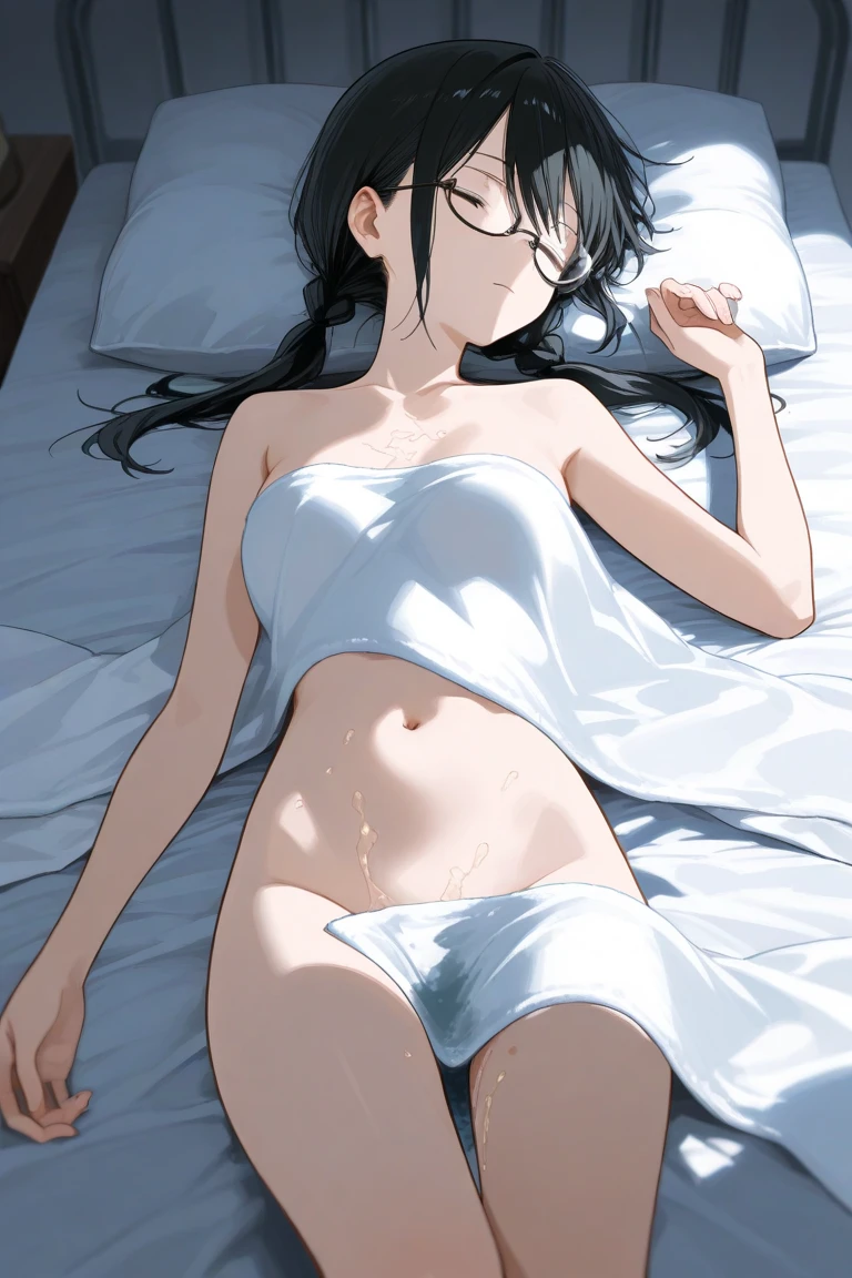 (((Embarrassed expression)))、(((Spread your legs:1.3)))、(((??????, ???, girl lying on the bed:1.3)))),Zenyuan Maki、Jujutsu Kaisen, ponytail,Glasses,Black Hair,Brown eyes ,Anime key visual,MAPPA, (((Spread your legs:1.3)))、(((nude)))、First Person View, (masterpiece:1.3), High resolution, Very detailed, Very detailedな CG Unity 8k 壁紙, Realistic, photo-Realistic, RAW Photos, Beautifully detailed face, Pale skin, Realistic glistening skin, Detailed cloth texture, Detailed hair texture, Perfect body, Beautiful Face, Accurate, Anatomically correct, Highly detailed face そして skin texture, Natural neck length, (Beautiful Hそしてs), (Fair skin:1.2),、(((Lie on your back in bed)))、Perfect ?????、F cup breasts