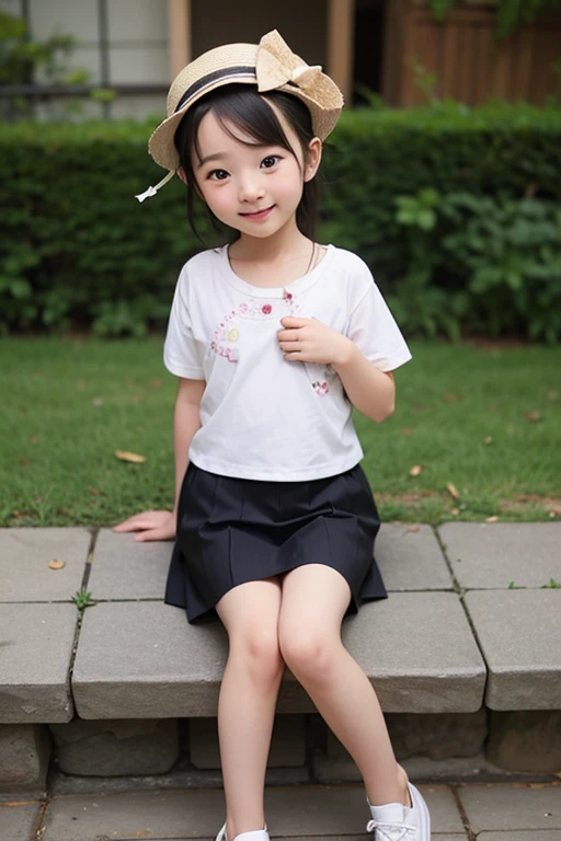 8k,Japanese,9 years old,Innocent face,Teenage Girl,cute,Random color plain t-shirt,Casual wear,Sitting,Black Hair,garden,Hair Clip,