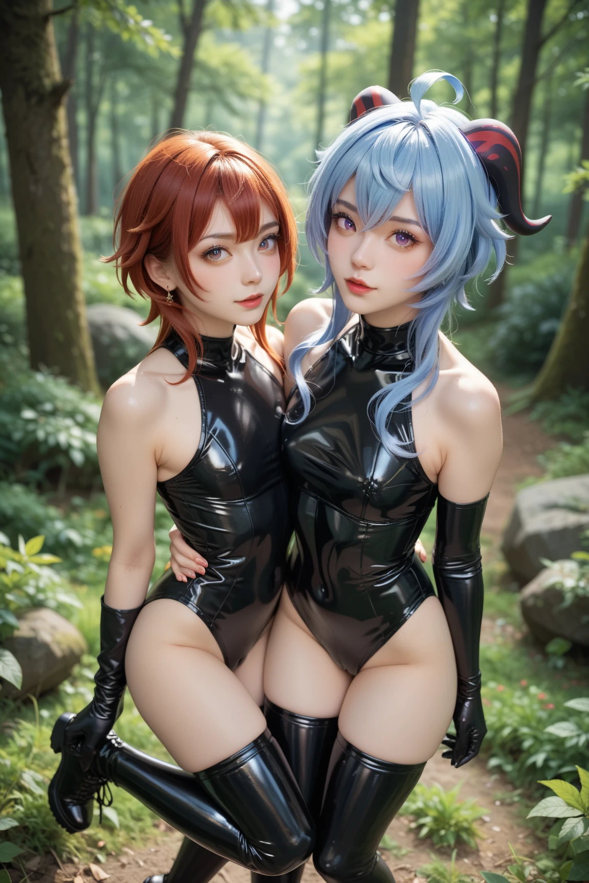 1 girl, solo, (nsfw), cute redhead 18-year-old girl in twin tails, ((perfect female body)) multiple (rainbow colored hair: 1.2), (beautiful detailed blue eyes: 1.6), (photo realistic eyes: 1.6), happy, Ukrainian, (petite body), ((small hips)), pale white skin, wearing a black ((see through)) pantyhose (playboy bunny) outfit ((sheer)) ((see through)), frilly edges, frilly, shiny oily pantyhose, post apocalyptic background, bleak barren desert, photo realistic.