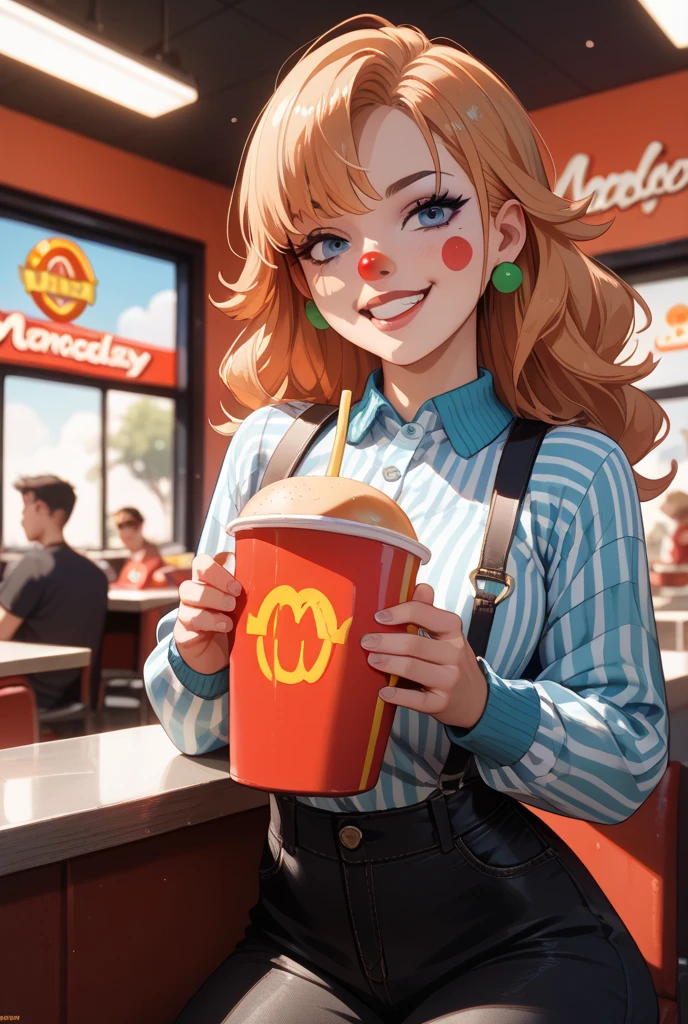"(Qualidade da imagem: 1.2) | (Foto realism: 1.2) lighting cinema" corpo inteiro, girl do McDonald's, segurando celular, hand and fingers