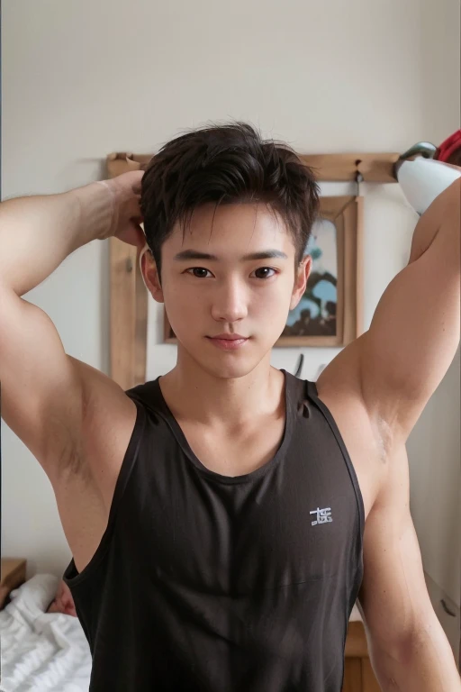 Japanese men、13 years old、he is short, Lean muscles and smooth skin、Sporty short hair、Quite friendly, Healthy relaxed smile、Her lively pose and figure give her a childlike impression.、Blue and white racy lightweight boxer shorts、Healthy muscle development from a young age、Posing muscles in the bathroom