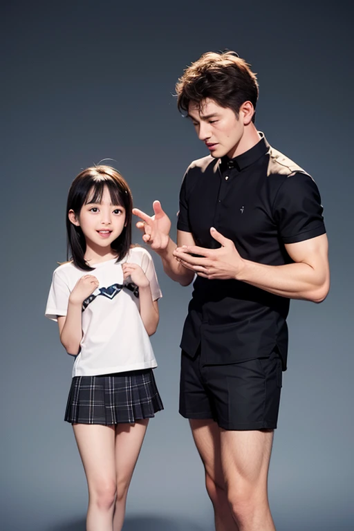 Sad T-shirt girl kindergartener holds man to her chest　Man licking armpit