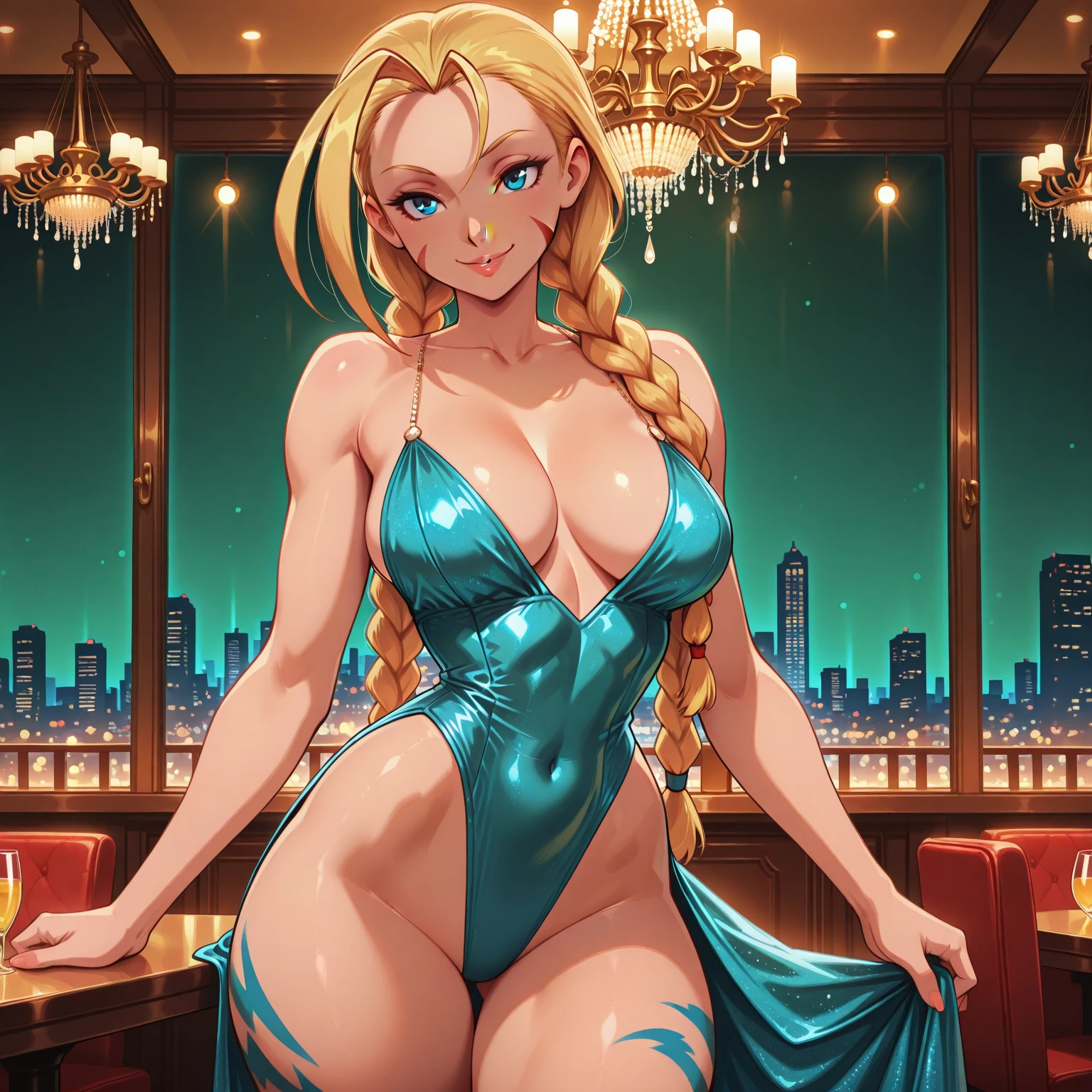 (tmasterpiece, beste-Qualit, 1girl:1.2, 独奏:1.3, illustartion), Nastasya, in tights, Stockings are visible, bikinis,makeup, lipstick, freckles, red-lips, Long braid, hair light, turquoise eyes, Cowboy shot, looking a viewer, Droplets of sweat, sauna, décolleté, Flirtation, Modest, big breastes, big thighs,