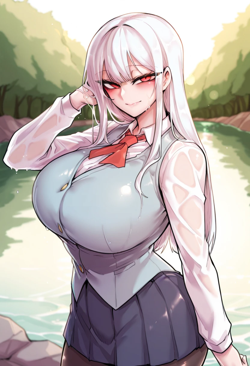 red eyes, accelerator (toaru majutsu no index), white hair, shirt, girl:1.3, massive breasts, wide hips, outdoors, lake, upper body