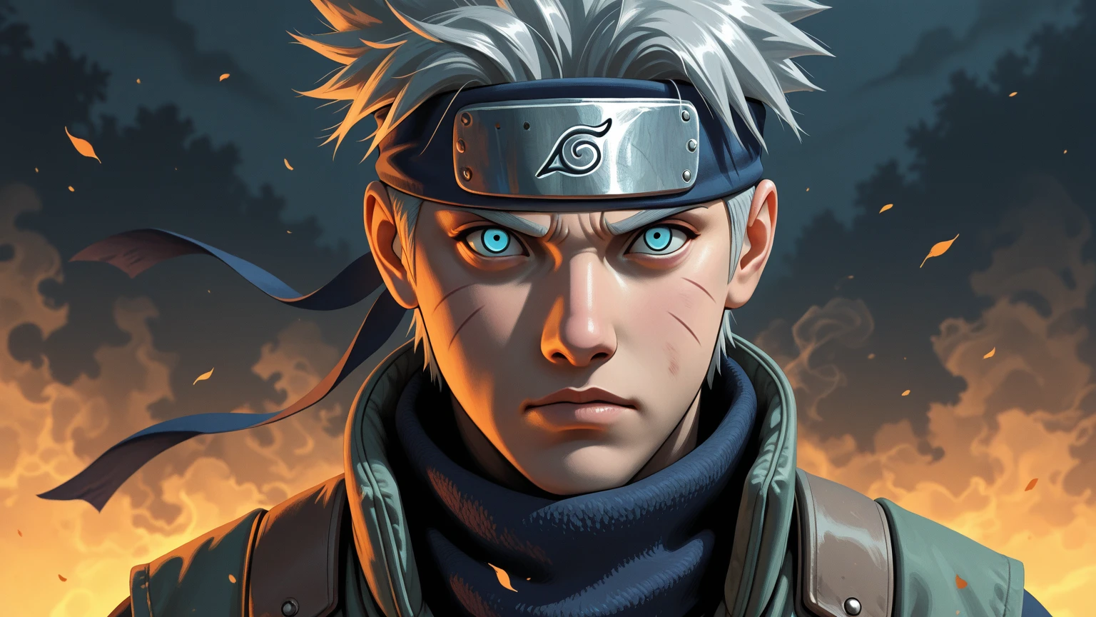 kakashi, 1boy, solo, foco masculino, brilhante, olho esquerdo vermelho, heterocromia, olhando para o espectador, olho brilhante, sangue, cicatriz, ninja, olhos brilhantes, sangue no rosto, cicatriz no rosto
