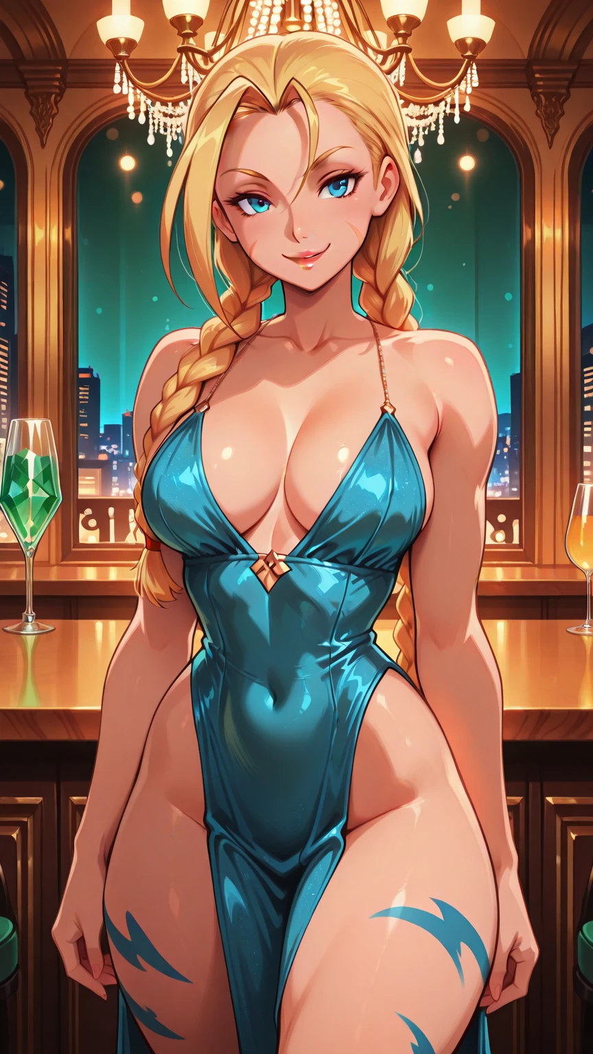 masterpiece, best quality, (1 girl), solo, nice hips, medium breasts, slutty grin, young girl, wide hips, street, nighttime, detailed eyes, elegant girl, blonde, elegant hair, open mouth, wearing a slutty bodycon, ponytail, slutty, choker, slut-earrings, long hair, (hair over one eye), (wearing thong), (hair covering one eye),