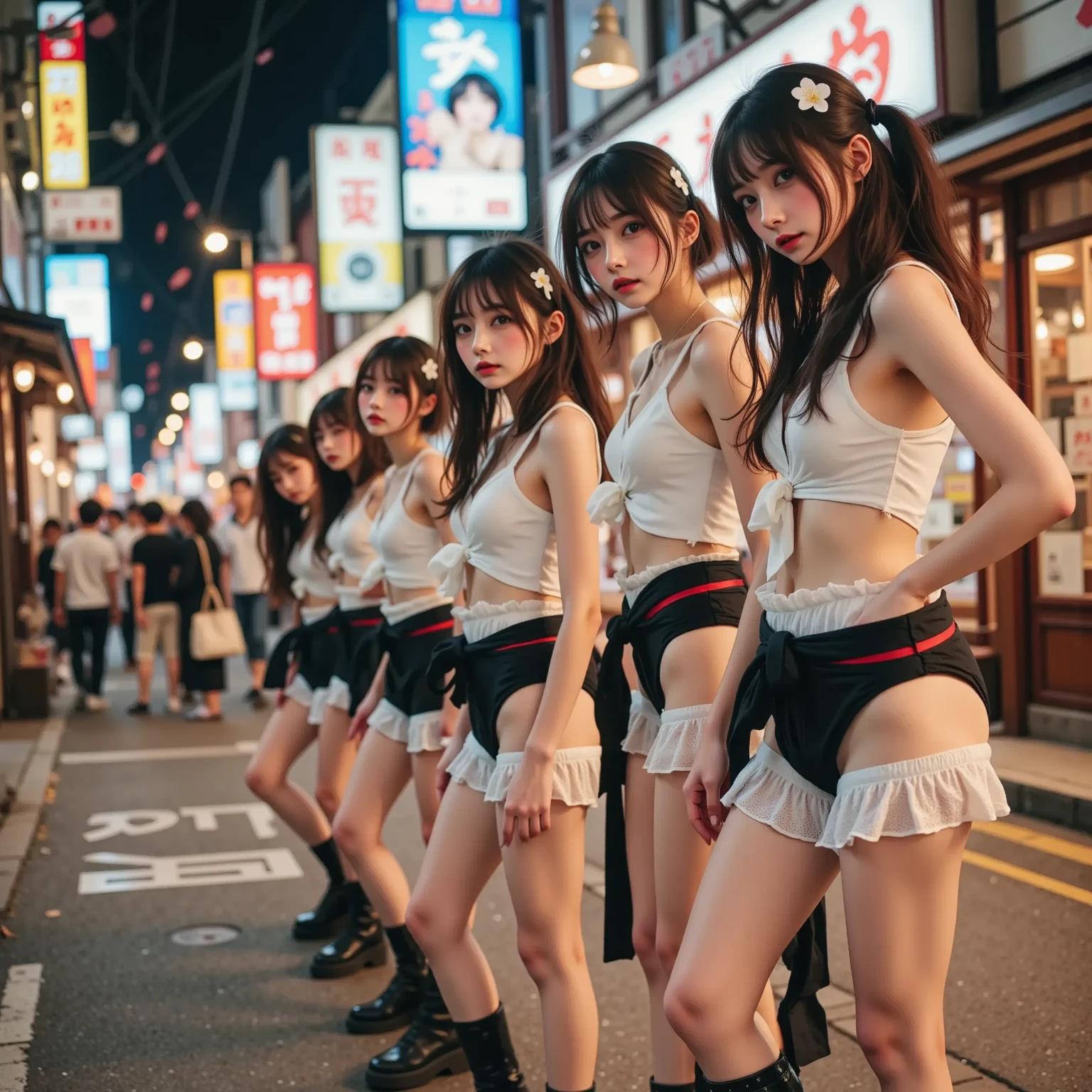 (ExtremelyDetailed((CYBERJAPAN DANCERS))) BigBoob, Radiant FineSkin with Transparency, {(Shouting)|Flashing} ((beltbra)) and Skinny Shorts (ExtremelyDetailed(Cute and Coquettish Faces)) PerfectLighting, Oodles Blurred ColorfulLights at Dusk City, Starry Particles . SFW