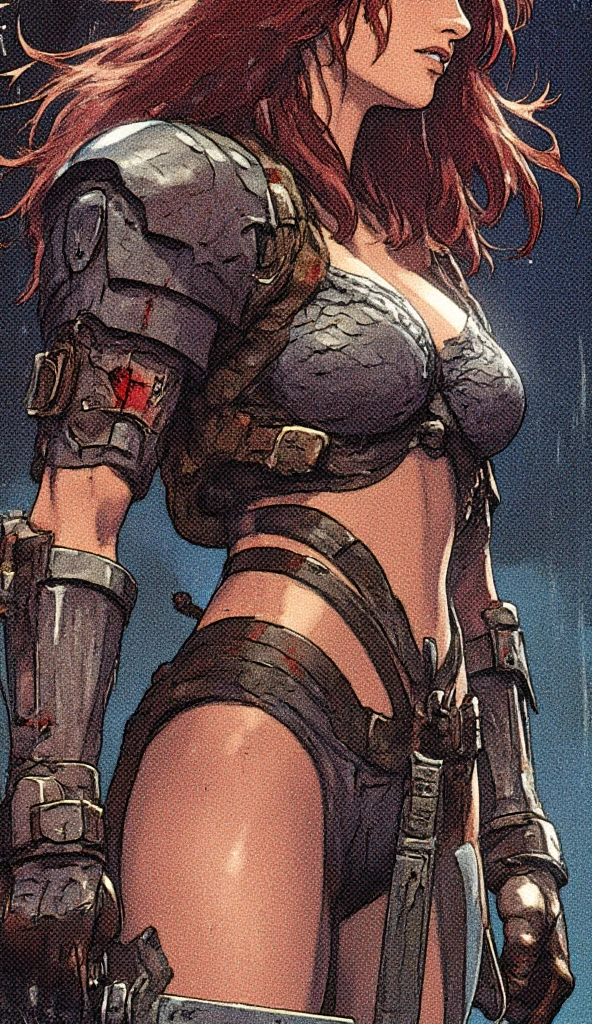 One barbarian girl, red head girl, space-warrior girl, cyborg girl, beautiful bbw girl, chubby girl, woman-warrior, whole body, nude body, Perfect skin, space background, blood rain, dark fantasy, Linsner style, Science fiction, 80s, 16-bit game, VHS era, planet in space background, purple lightning, psychedelic color background, smog, fog, swamp, girl in swamp, mad max style, vhs tape cover