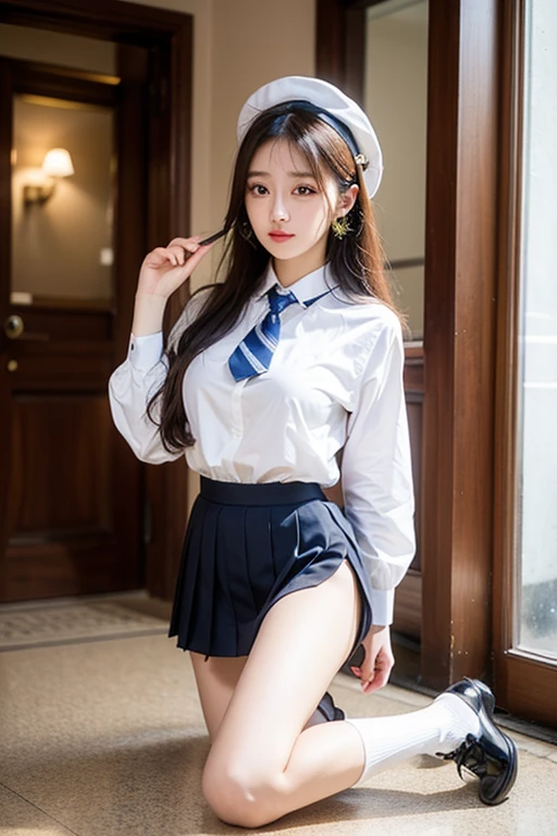 ((High school girl running down the stairs at school))、The background is the classroom window.、(White blouse)、Red bow tie、((Dark blue checked skirt))、mini skirt、8K,、Ultra-high resolution、Detailed Description、photograph,、Tabletop、Highest quality、((Beautiful Eyes、Girl in a shortcut、Brown Hair、Straight Hair、White skin,、((Large bust : E Cup))、(((White blouseのボタンをはずしてブラジャーを披露する)))、Various poses、((Center of chest : 1.1))、Highest quality、Tabletop,、Ultra-high resolution,、(Realistic:1.4)、RAWphotograph、(Perfect figure)、 (slim:1.3)、slimな腹部、Perfect slim figure、Dynamic pose、alone、Cold Light 12000K、(Realistic skin)、 charm、Ultra-high resolution、 超Realistic、Very detailed、(手でLift up the skirt)、(Inviting face)、 (Realistic skin)、妖艶なcharm、Ultra-high resolution、超Realistic、Very detailed、(Skirt flip)、(Lift up the skirt)、(White panties are visible)、（smile)、Full Body Shot、((From below)),