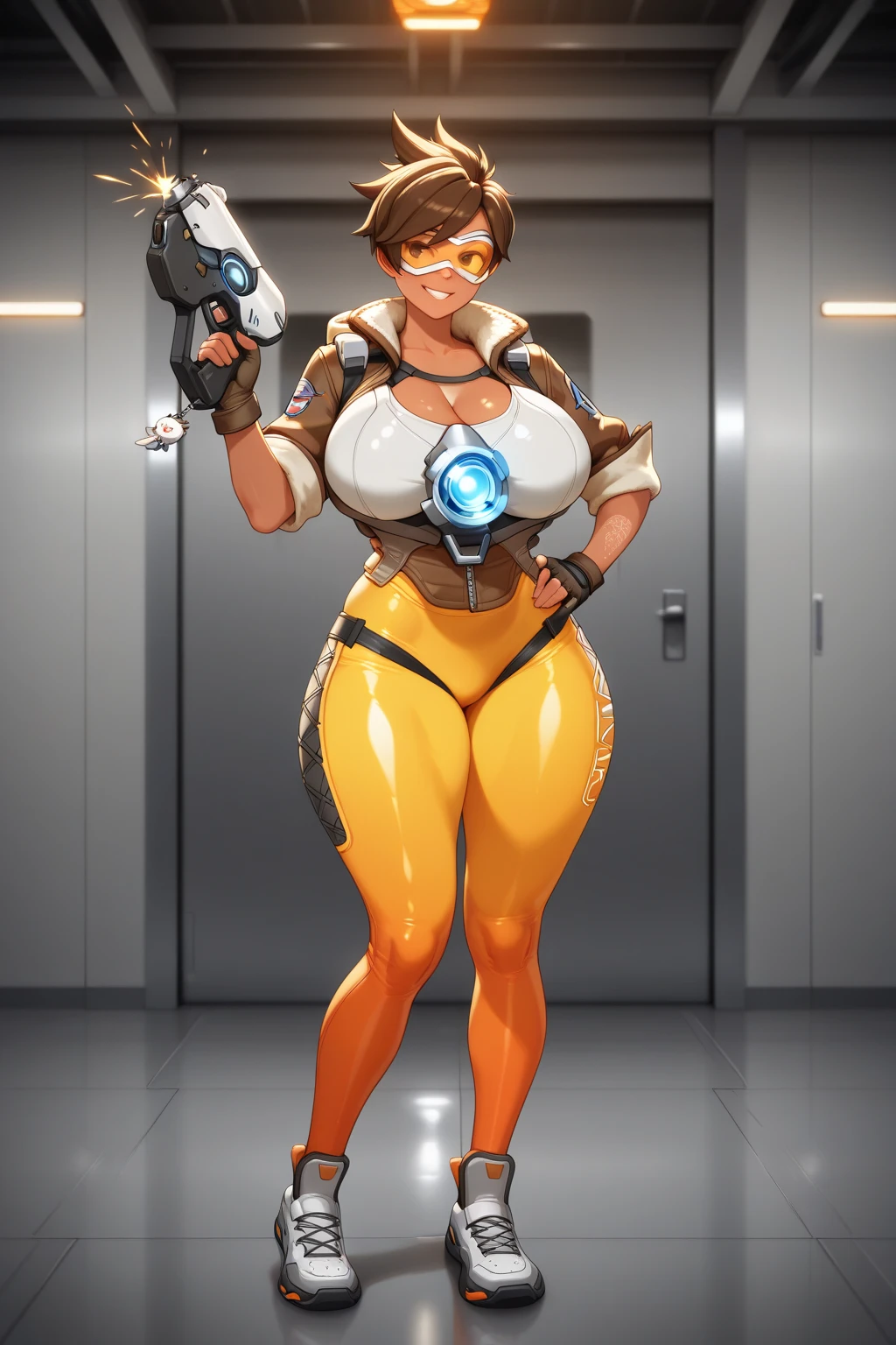 (best quality, 4k, highres, masterpiece:1.2), ultra-detailed, realistic, anime, studio lighting, physically-based rendering, shiny glasses lenses, sharp focus, vivid colors, bokeh, short dark hair, dark skin, huge breasts, closed-mouth expression, wearing ultra mini clothes, show off her body, a lot of bar skin, one girl levitating, giant glowing orb held with both hands, two smaller glowing spheres orbiting around her.
