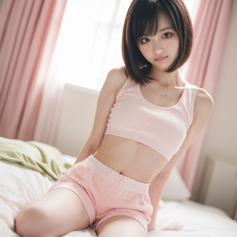 (((Small))),Side Shot,masterpiece, highest quality, High resolution, wallpaper, Realistic, Bright lighting, Professional Lighting, Face Light, Smooth lighting, Japanese Girls, ((Whole body 1.4)),Are standing, cute, smile, beautiful girl, gravure, sexy, so beautiful, Beautiful Skin, Beautiful and detailed、Detailed face、slim、Moderate, short hair, Blonde Hair, Brown Eyes, View your viewers,Tennis player costume,mini skirt,sit,(knee up:1.3),Pink Panties,Panty Shot,Small,Bare legs,