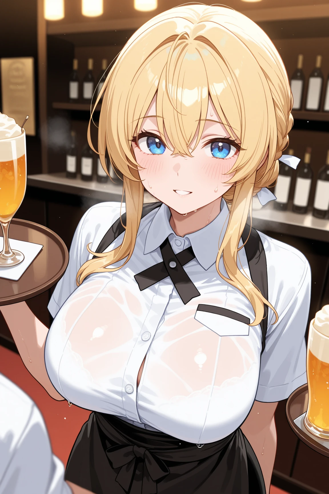 Anime, high resolution, medieval town, bar, blond, blue eyes, medium breasts, (dirndl), waitress, (big beer mug in both hands), front view, lean forward, 1 girl, smile, (best quality), super detailed, bare nipples, puffy nipples, upper body