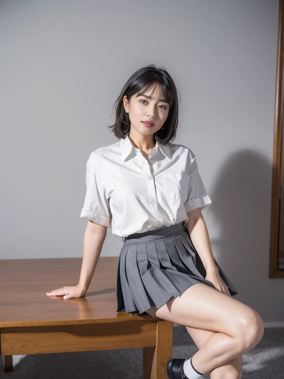 8K RAW Photos, High Resolution, 17 Year Old Cool Korean, Very Big Round Breasts, School Uniform, Ribbons, Formal Shirt, Skirt, Very Thin Mouth, Duck Mouth, Grinning,, Bossy Pose, Beautiful Eyes in Detail, Long Eyelashes, Beautiful Double Eyelids, Eye Shadow, Long Eyes, Sanpaku Eyes, Beautiful Thin Legs, Necklace, Earrings, Short Hair, School Staff Room