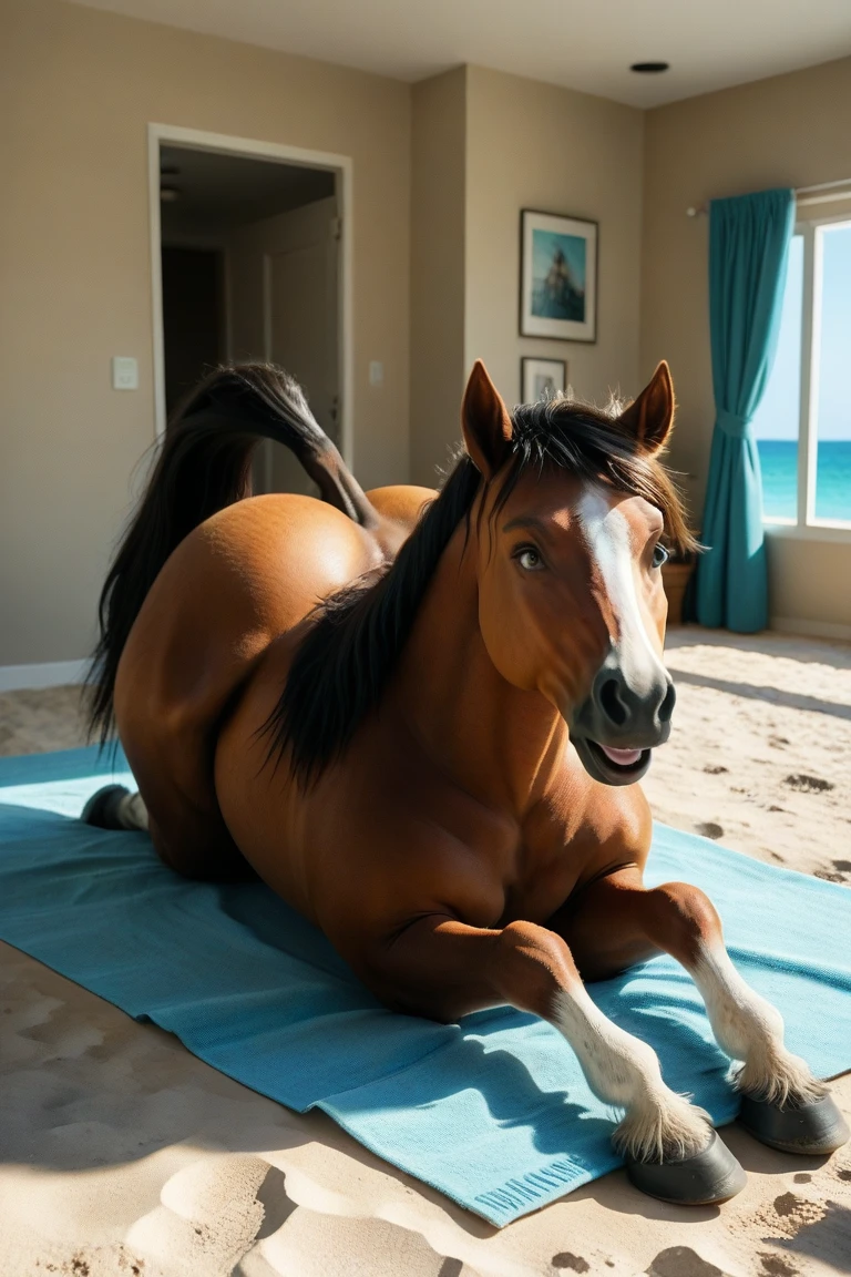 feral horse, white horse, lying on side, beach, in public, horse pussy, anus, pussy juice, looking at the viewer