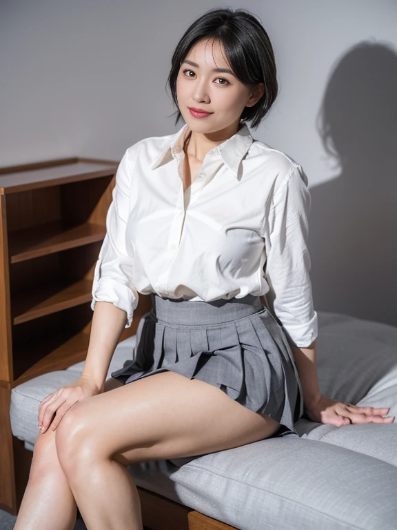 Ultra-high resolution,(reality: 1.4),Highest quality, masterpiece, High detail, 16K quality, beautiful, 1 beautiful girl,Japanese,super beautiful face,Baby Face,Japanese idol face,Cute face,Highly detailed face,Detailed hands,beautiful skin,Sweaty skin,Big eyes,Big smile,Professional Lighting,short hair, Black Hair,brown beautiful eyes, Sheer white shirt,Tear,Check skirt,Sitting with your knees up,((Spread your legs)),Skirt flip,(((Showing panties))),((White panties)),Medium chest,She is looking at the camera,Modern style classroom,Browsing Caution,from the front,