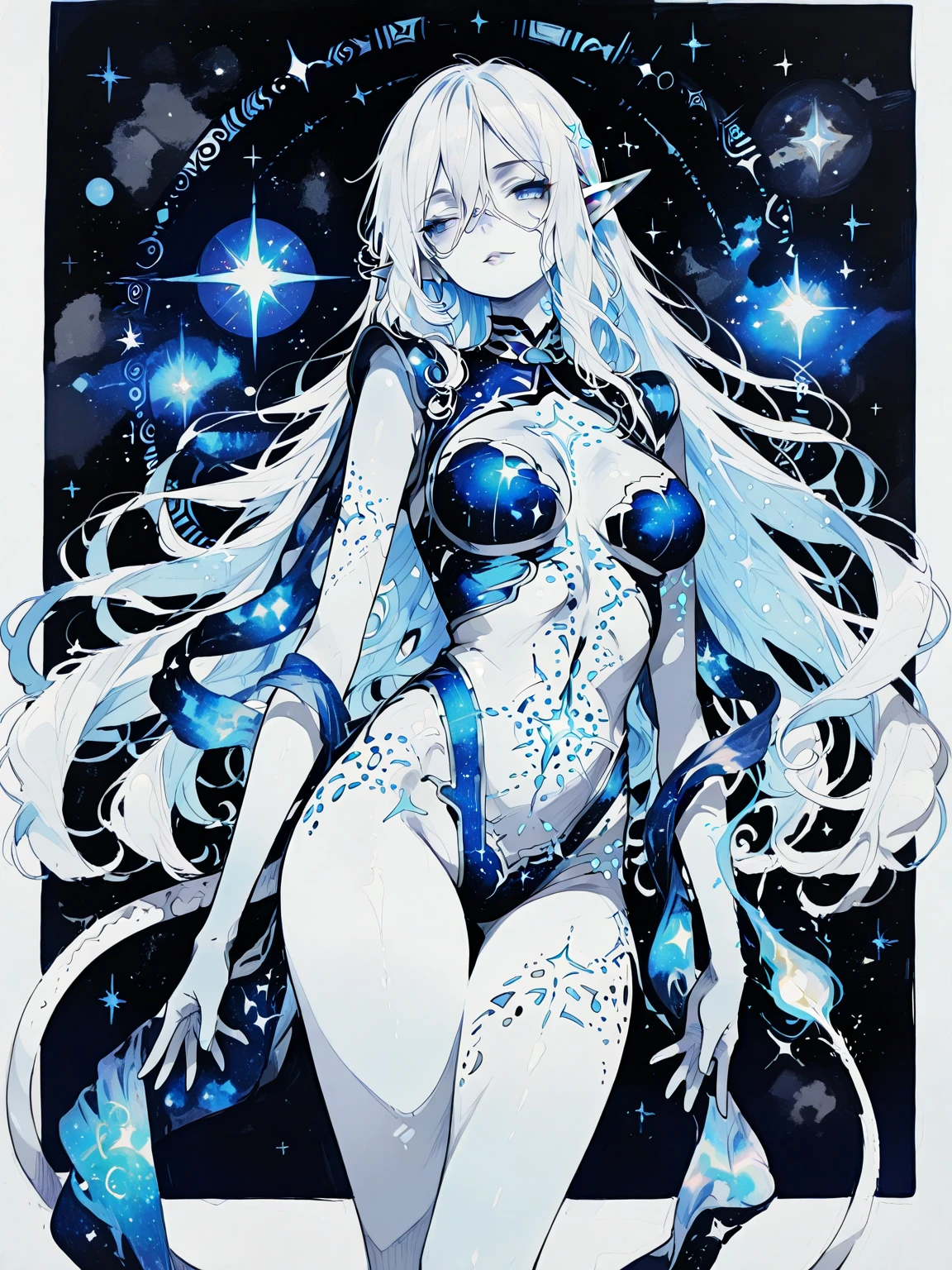 ethereal fantasy concept art of <lora:KsuKsuDBXL:1>ksuksudb, long hair, space background, bikini <lora:Haute_CoutureXL:1>dtstyle, white hair, blue skin . magnificent, celestial, ethereal, painterly, epic, majestic, magical, fantasy art, cover art, dreamy