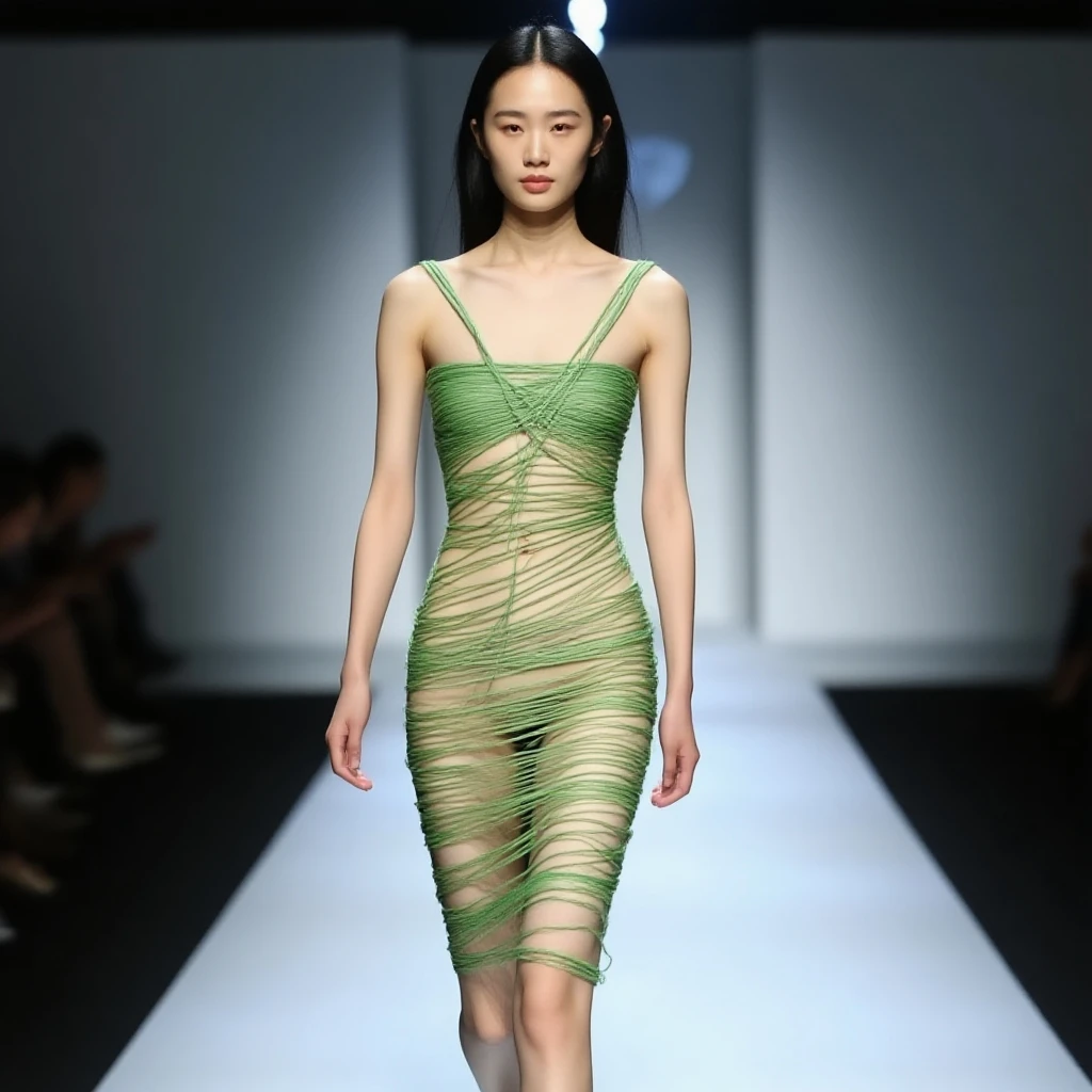 A girl walking down the runway at a fashion show, thigh, (A costume made entirely from thin strings:1.5), (High resolution:1.3), (16K, Realistic, RAW Photos, Best image quality: 1.4), (One Girl), Beautiful Face, (Lively Faces), Beautiful hairstyle, Realistic eyes, Beautiful and exquisite, (Realistic Skin), Beautiful skins, charm, 超High resolution, Surreal, High detail, Golden Ratio, Highly detailed cute girl,(20-year-old), Nipples, No underwear