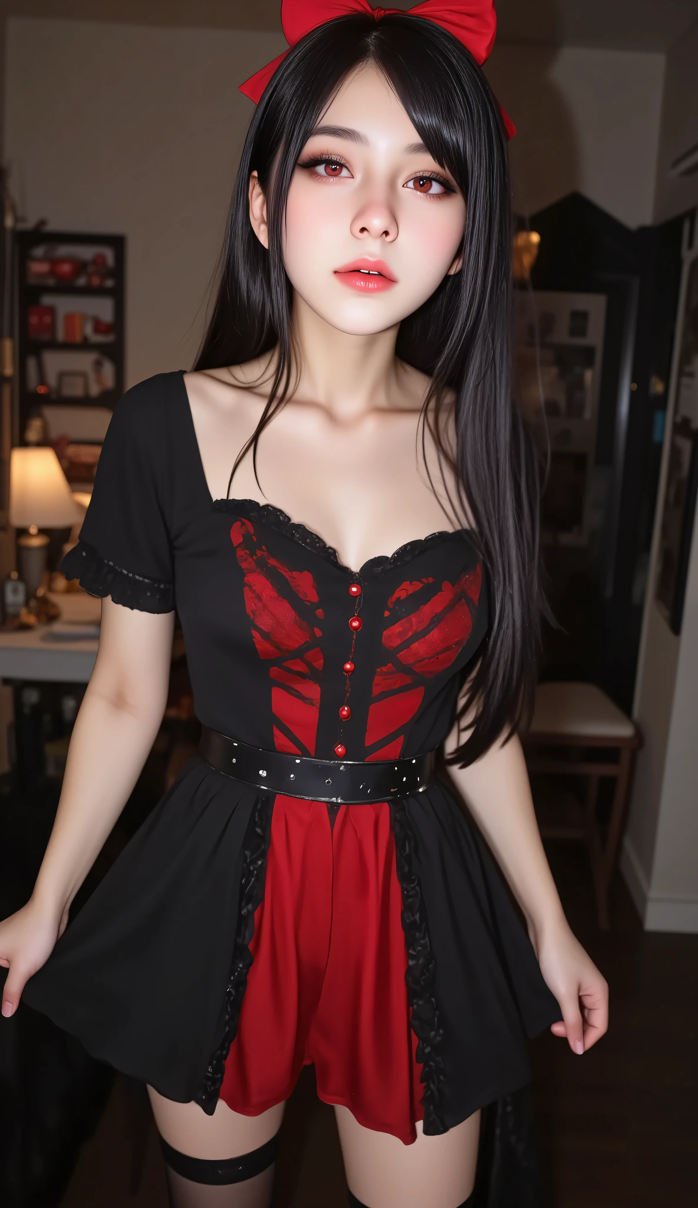 gothic girl long hair black hair, identification photo,(bilateral symmetry:1.5),1gothicgirl,A seductive and erotic 21-year-old female pervert,anri okita,sexy, enchanting,(make up:1.3),make up,black eyelashes,eyeliner, eyeshadow, seductive moaning lustful expression, black long hair,Enhance, red eyes, thighhighs, black-red dress, bow, standing, full body, short sleeves, hair bow, frills black Rory Mercury thighhighs detailed background, (Realistic-Anime_More-Detail_High-Quality_8k)_((Hyperrealistic-Anime:1)), feminine beauty, beautiful face and mesmerizing beauty:1.2,seductive, warm and detailed eyes:1.2, stary eyes:1.5, longfade eye brows, remarkable detailed pupils, dark kajal and long dark eye lashes:1.5, long dark eyebrows and dark heavy eyeliner:1.5, Matte eyeshadow and mascara:1.5