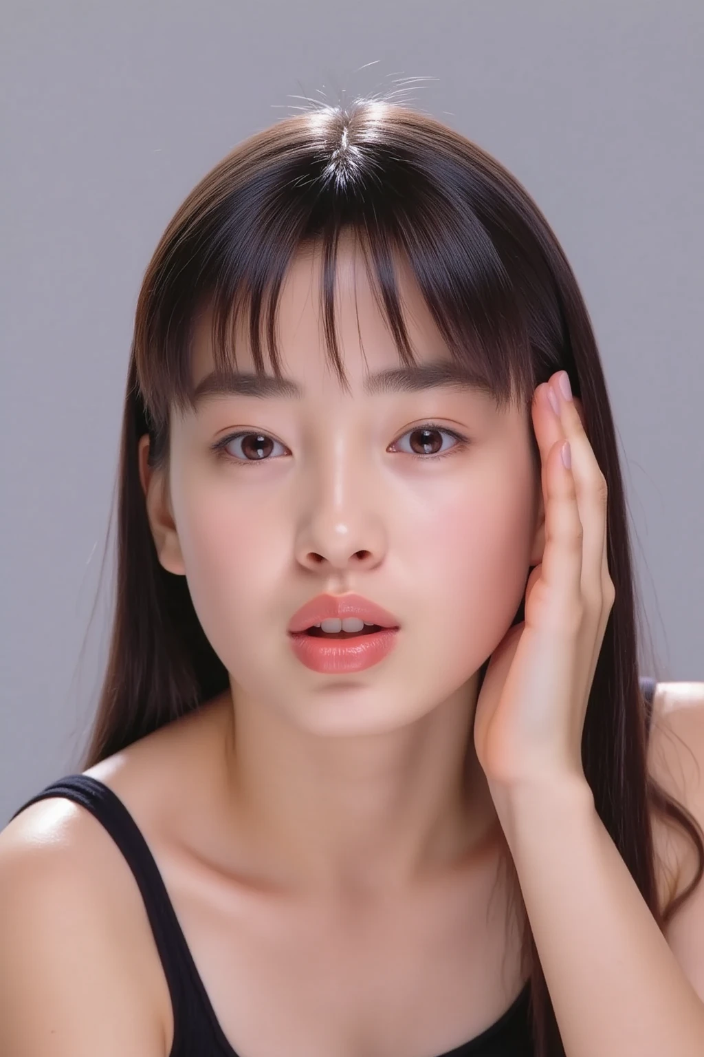 Highly detailed CG unity 8k wallpaper, of the highest quality, Super detailed, masutepiece, Realistic, photographrealistic, extremely detailed cute girl, 25yo, cleavage , (perspired) , Round eyes, peeping at the viewer, Blush, Smile, parted lip, Semi-body shot , Realistic、track suit、Realistic reproduction with vests , Panties , Squat, sports gym, short hair