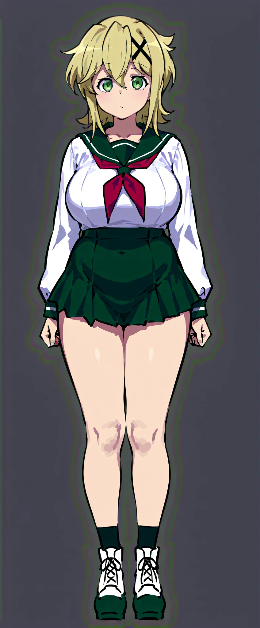 masterpiece, best quality, highres, Nakano nino, 1girl, solo, pink hair, short hair, busty, butterfly hair ornament, large breasts, cleavage, green skirt, white shirt, collared shirt, open clothes, black thighhighs, short sleeves, skirt lift, looking at viewer, annoyed, blush, full body, standing, simple background, arms behind head, (erotic pose:1.4)