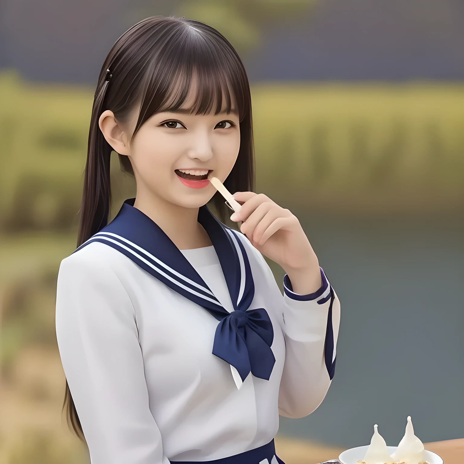 (highest quality, masterpiece, clearly detailed:1.5), highest quality, High resolution, 1080p, 8K, (Too beautiful ((purest)) ((sweetest and cutest)) ((beautiful girlish and Evolved with grace)), ((Too much beloved)) noble grown beautiful beautiful girl with detailed, Japanese, 155cm height, ((svelte silhouette)), Cloistered beauty, dreamy appearance, tasting the viewer, giving too much pleasure to my sensitive body's tip covered with beautiful hands and fingers, spoiling me by pleasure with detailed: 1.7), (laughing white face with unreal beauty, overflowing with translucence: 1.8), (Pristine navy colored school uniform, (Neatest (navy colored) sailor-style school uniform, navy sailor collar, shiny-blue ribbon, school navy pleats skirt with detailed): 1.8), (Too beautiful ((droopy brown prominent eyes)), ((droopy eyelid)), and neatness charm the viewer), (Giggling cohort background with many white lovely marks, clearly detailed foreground, with most beautifully detailed: 1.9), ((purity and neatness of pristine uniform is very impressing): 1.8), (focus on her beautiful (((tasting behavior))): 1.9), (Beautiful brown eyes), (black low twin-tail styled hair, bangs trimmed carefully, neat tight (low twin-tail) hair: 2.0), (her very fluttering high-tone voice tell me to give her everything like too sweet aphrodisiac trembles me: 1.4), (I can't stop discharging and draining my every white liquid content caused by her girly beauty and pleasure, she enjoys about it and improves it: 2.0), (dark background: 1.0), (The viewer is very funny and tastes sweet for her: 2.0)