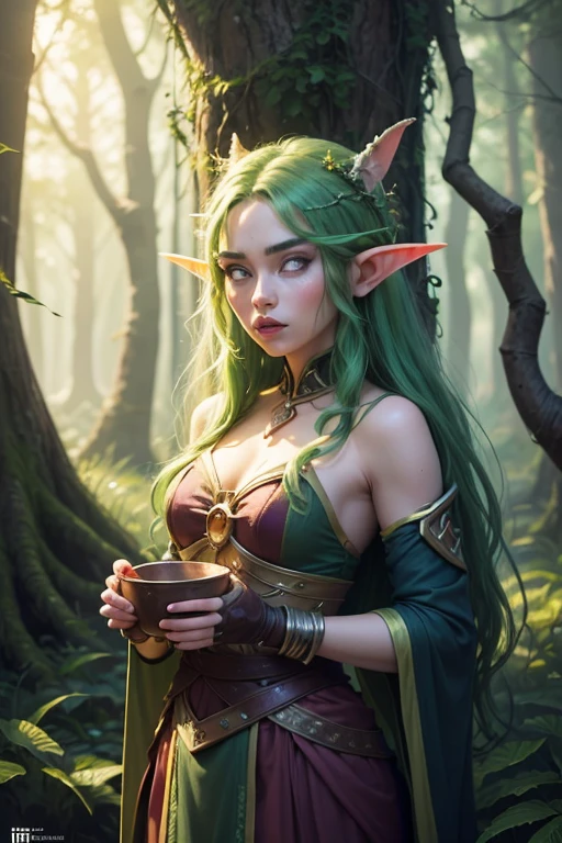 **Elven Sisters of Mystic Rituals; Immerse yourself in the mystical world of Elven rituals, in elegant elven costume perform a rituals, in the style of mythic storytelling, yigal ozeri, frederick mccubbin, dark green and magenta, karen wallis, kushan empire, craftcore Photographed by David bailey using Hasselblad’s flagship mirrorless medium format camera X2D 100C. 1000mps ,bold vibrant colours, in a colorful suit, in the style of goblincore, expressive facial animation, neo-concrete art, dariusz klimczak, carlo crivelli, edward gorey, detailed and macabre