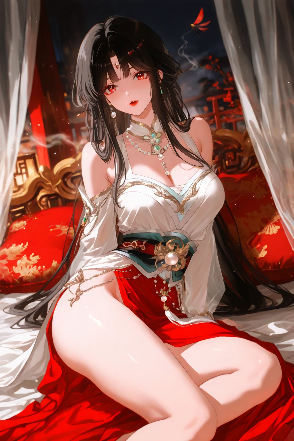 Realistic eyes, detailed shadow, view the viewer, Detailed lighting,(detailed hairs, photo-realistic hair, Realistic lighting, realistic shaded, realistic dress), Realistic skin, (Waist gun:1), Realistic reflection of light from above,((arms back behind)),(with hands behind her back),tube top,Sexy,Night,Stockings,Naked,Bigboobs,big breast,Cherry blossoms, White skirt, White Hanfu,Chinese Garden,full bodyesbian,Pink filter element,Blushlush,Pitiful expression