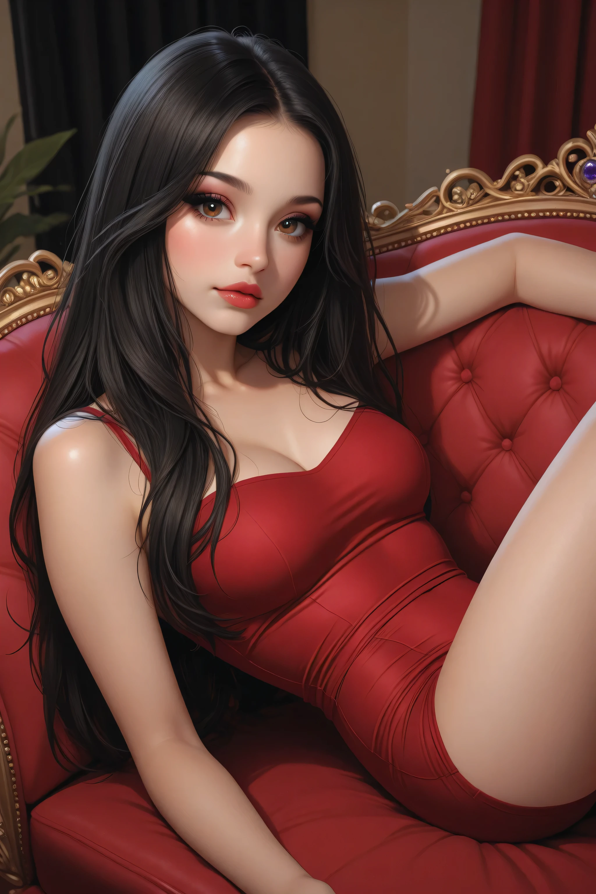 Amazing portrait of a woman who is 30 years old and an adult and a sexy woman who's blushing hard with red makeup and her hands pinned to the side as she's lying on her bed with her head on a pillow facing up as she's pinned to the bed as playful turned sexy with her mouth parted and her eyes looking at lips looking very sexy and hot having a sexy figure wearing a loose t shirt showcasing her midriff and her abs during night time with soft lighting showcasing her red lips and her beautiful face in detail and close up