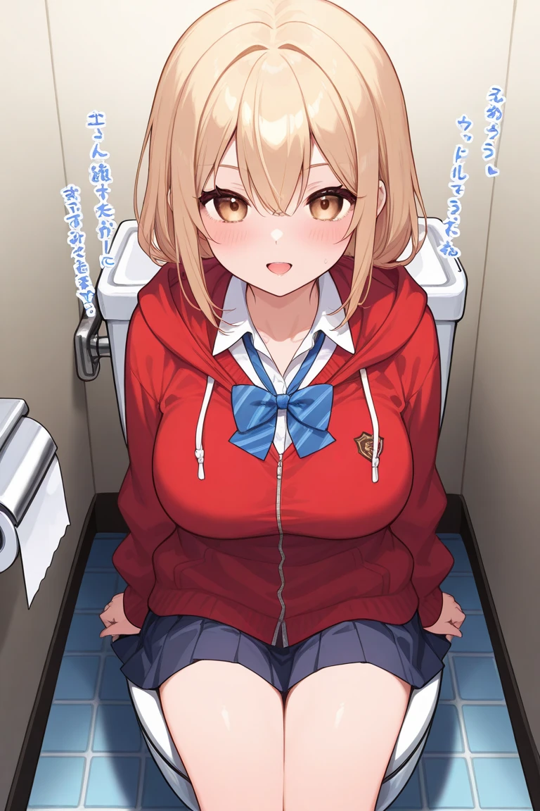 score_9, score_8_up, score_7_up, source_anime, nsfw,
(girl, hand in pussy), (female masturbation), pussy juice,
large breasts, KAZEMACHIHARUKA LIGHT BROWN HAIR, LOW TWINTAILS, HAIR BETWEEN EYES, HAIRCLIP, RABBIT HAIR ORNAMENT, SHORT HAIR, Purple EYES,
dark-blue jacket, blazer, red bowtie, white shirt, , bottomless, no underwear,
(empty eyes:1.5), (glowing eyes:1.2), open mouth,
toilet,