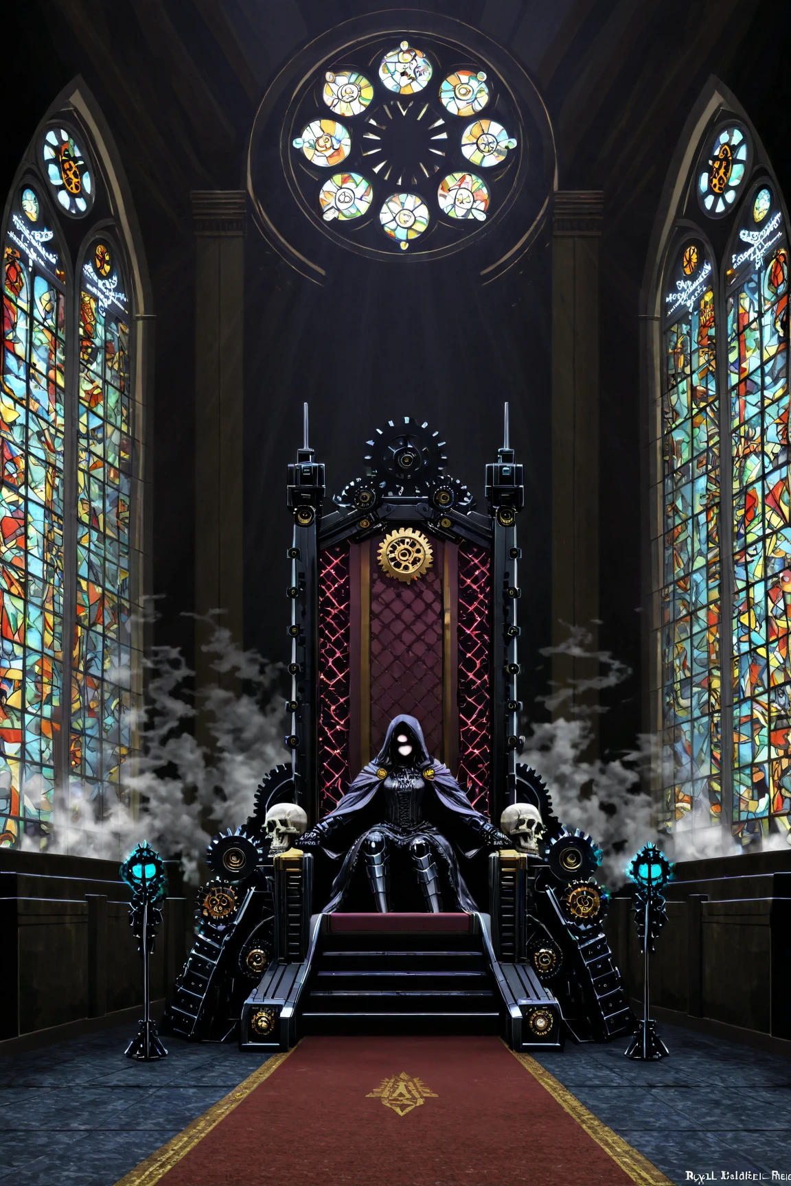 All black scene, Floor with water,  Reflecting ceiling, Entity Sitting in the Background on a Throne, Throne made of human bones. Entity illuminated by blue light, cinema dinner