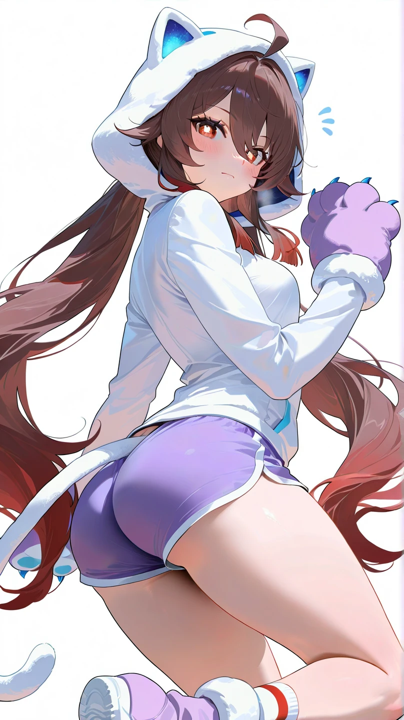 Beautiful girl with long hair, brown hair, white shirt, short skirt, white panties visible, purple eyes, long legs, big ass, big breasts, good figure, holding her own breasts in her hands.