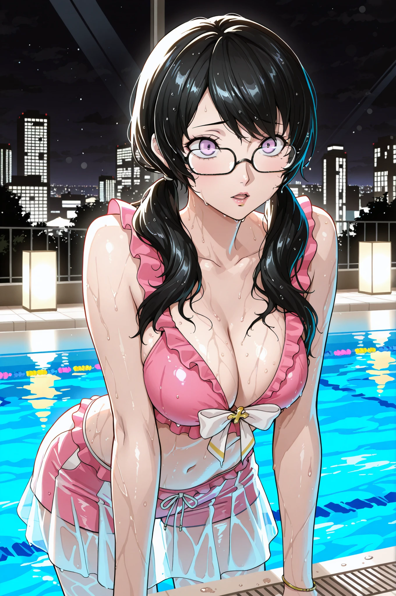 score_9_up, score_8_up, score_7_up, 1girl, solo, mature female, Maki, green ponytail  hair, yellow eyes, glasses, red lips, parted lips, fit slim body, perfect medium erected breast,(((highly detailed eyes))), (((nude tits, piercing nipples, tight leopard thong, golden earrings, golden rings, black choker with shining rhinestones))), (((white modern villa with panoramic windows, pool, sunset))), outdoors, looking at the viewer, perfect model body, seductive pose