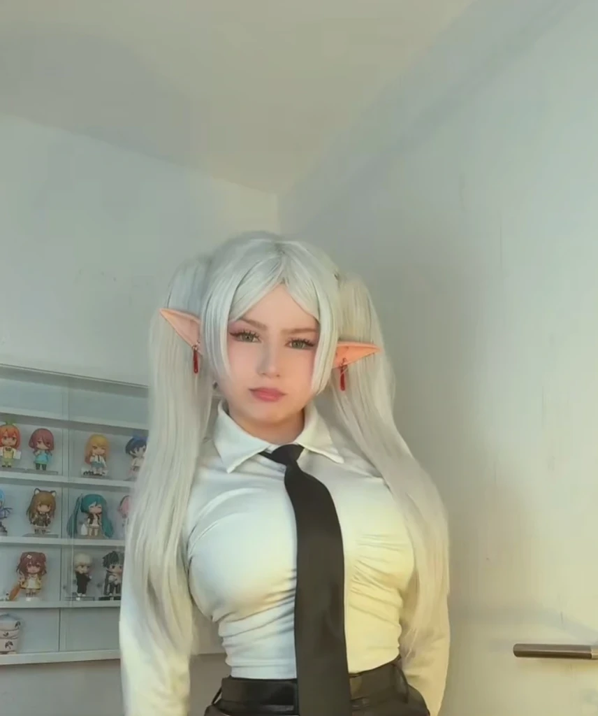 Succubus girl with white long hair, Bronzed Skin, without wings. Dressed in white high-heeled shoes. In the office with a man. The man put his on her.