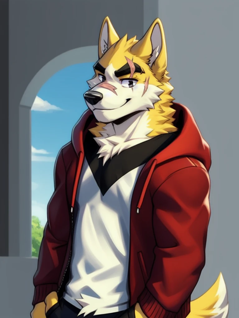 copperrtf, dog boy,
masterpiece, best quality, absurd res, by kiyosan, by null-ghost,
furry, male, solo, hoodie, pants, black pupils, black eyes, thick eyebrows, two tone fur, scar on eye,
looking at viewer,
detailed background, alley,
<lora:cp1:1>