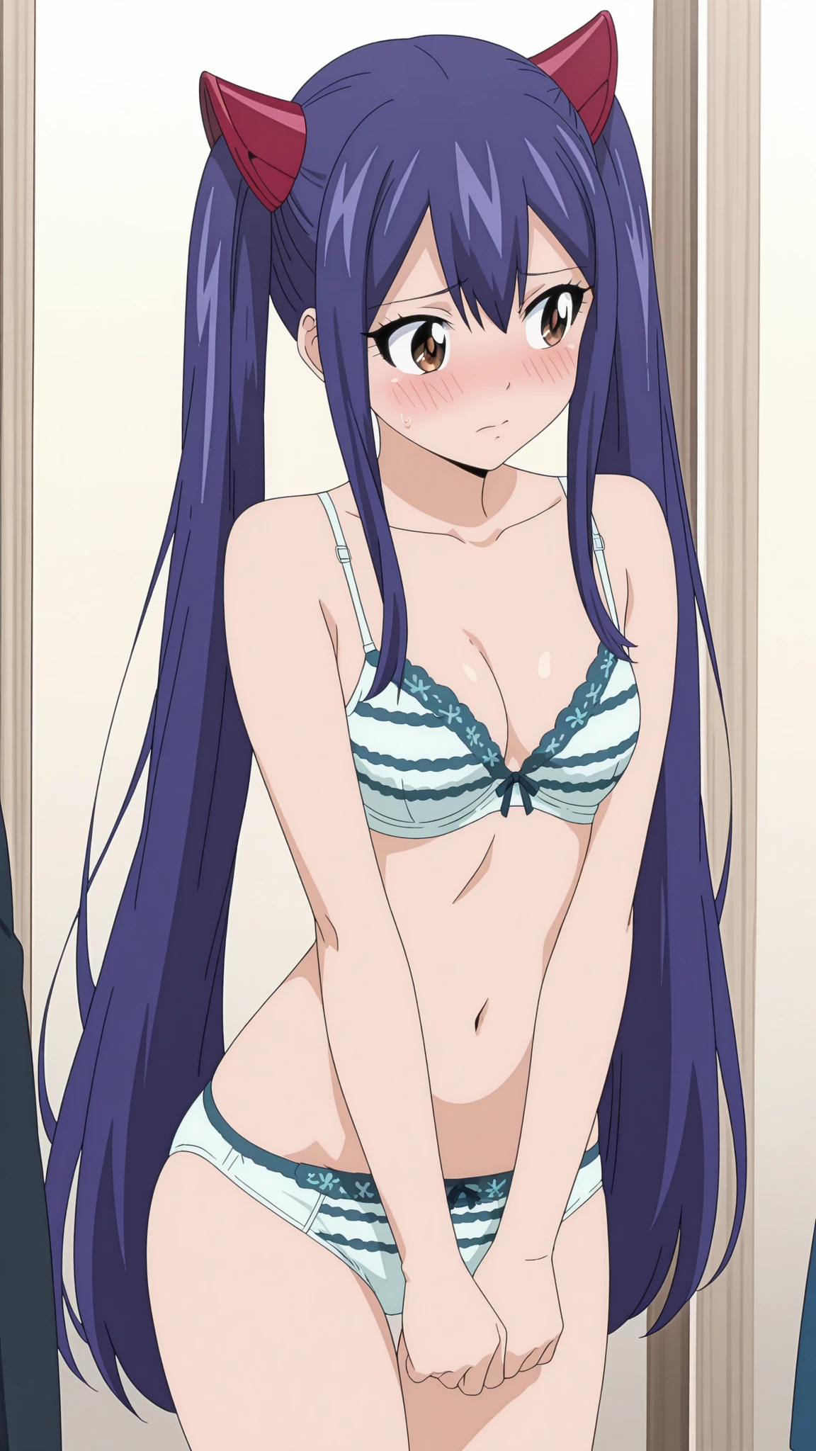 1girl,alone,ouka makuzawa,masterpiece,good lighting,looking at the viewer,best quality,high resolution,Ultra detailed,detailed eyes,smooth and soft skin,light skin,long hair,magenta hair,braid,purple eyes,costume bath, flower, bikini, outdoors, ruffles, striped, shiny, hair flower, shiny hair, arms behind the back, single bikini top, ruffled bikini, striped bikini, bench, big breasts, medium waist, wide hips,medium thighs,curvy body,dynamic pose,cowboy shot,smile, open mouth,((1girl)),((solo)),standing,cowboy shot,looking back,from behind,((focus on ass),pov(from below), interior, beach house, beach, sea, sunny, perfect anatomy, perfect hands