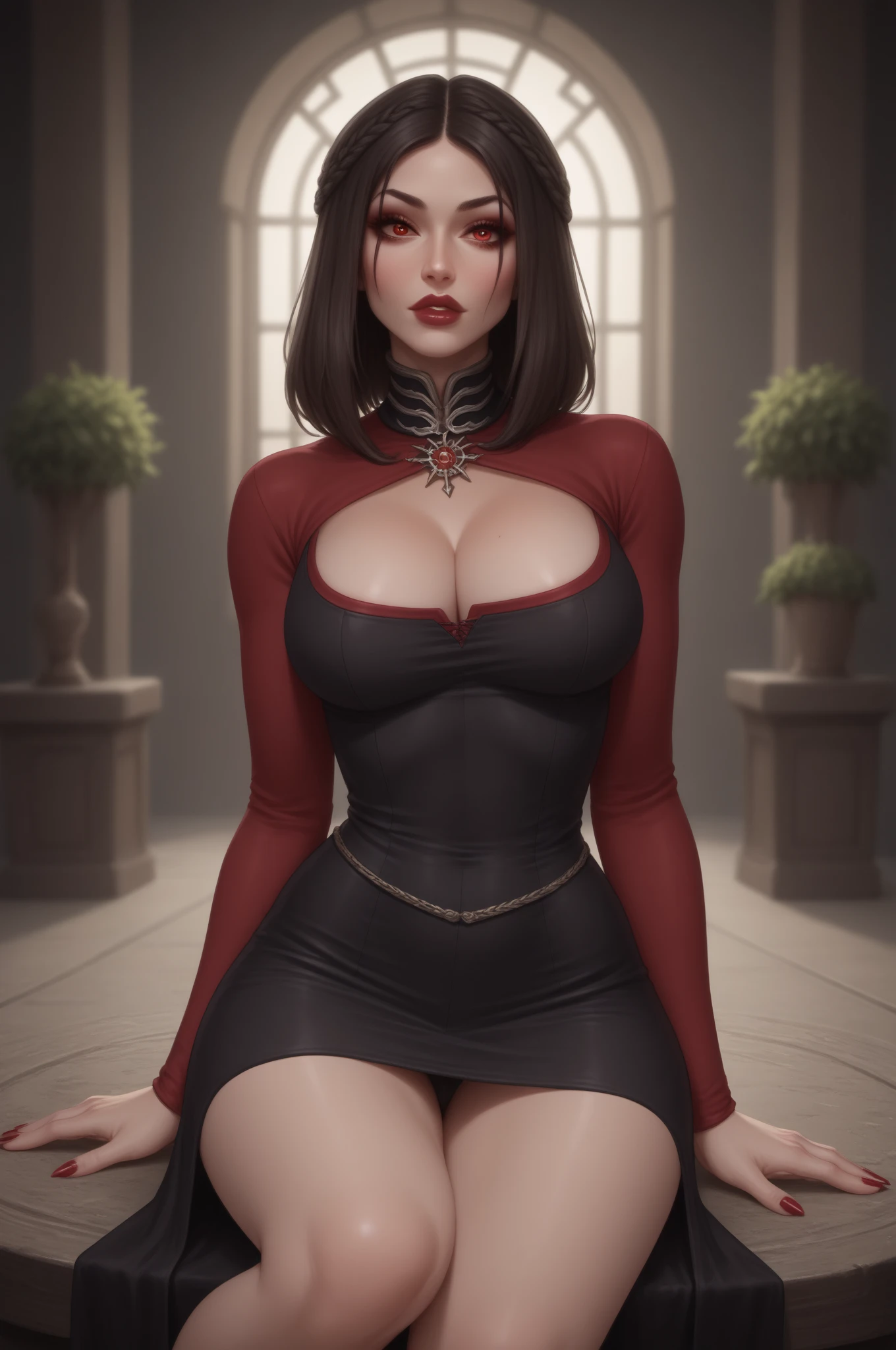 miraKI,black hair,yellow eyes,short hair, veins, smile,
black dress, cleavage, toned, covered nipples,
night,castle, indoors, hips,
sitting,
bed, fantasy,
(best quality, masterpiece, perfect face, beautiful and aesthetic:1.2, colorful, highest detailed face),solo,<lora:miraKI:0.8>,