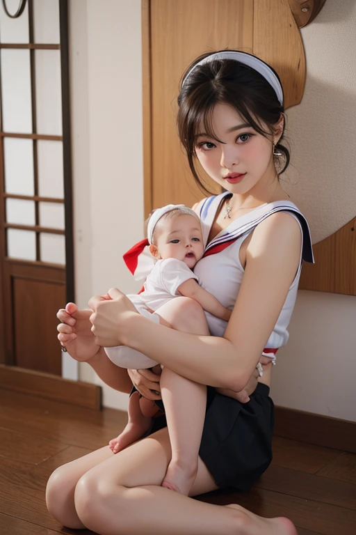 (highest quality、Tabletop、8k、Best image quality、Award-winning works)、(A high school girl holding a 3-year-old child:1.3)、(The perfect and most natural sailor suit:1.2)、(The most natural and perfect three-year-old:1.2)、(The most accurate and detailed 3 year old:1.3)、(Close-up of face:1.15)、Big Breasts、Accentuate your body lines、Ultra HD Hair、Ultra high resolution perfect beautiful teeth、The most beautiful smile looks at me、Ultra-high definition beauty face、Ultra HD Hair、Ultra-high definition sparkling eyes、Shining ultra-high definition white skin、Ultra-high quality glossy lips、(Accurate anatomy:1.4)、(Extremely blurred luxury hotel bedroom background:1.1)、(Strongly blurred background:1.1)、Luxury wall decor、Luxury Interior