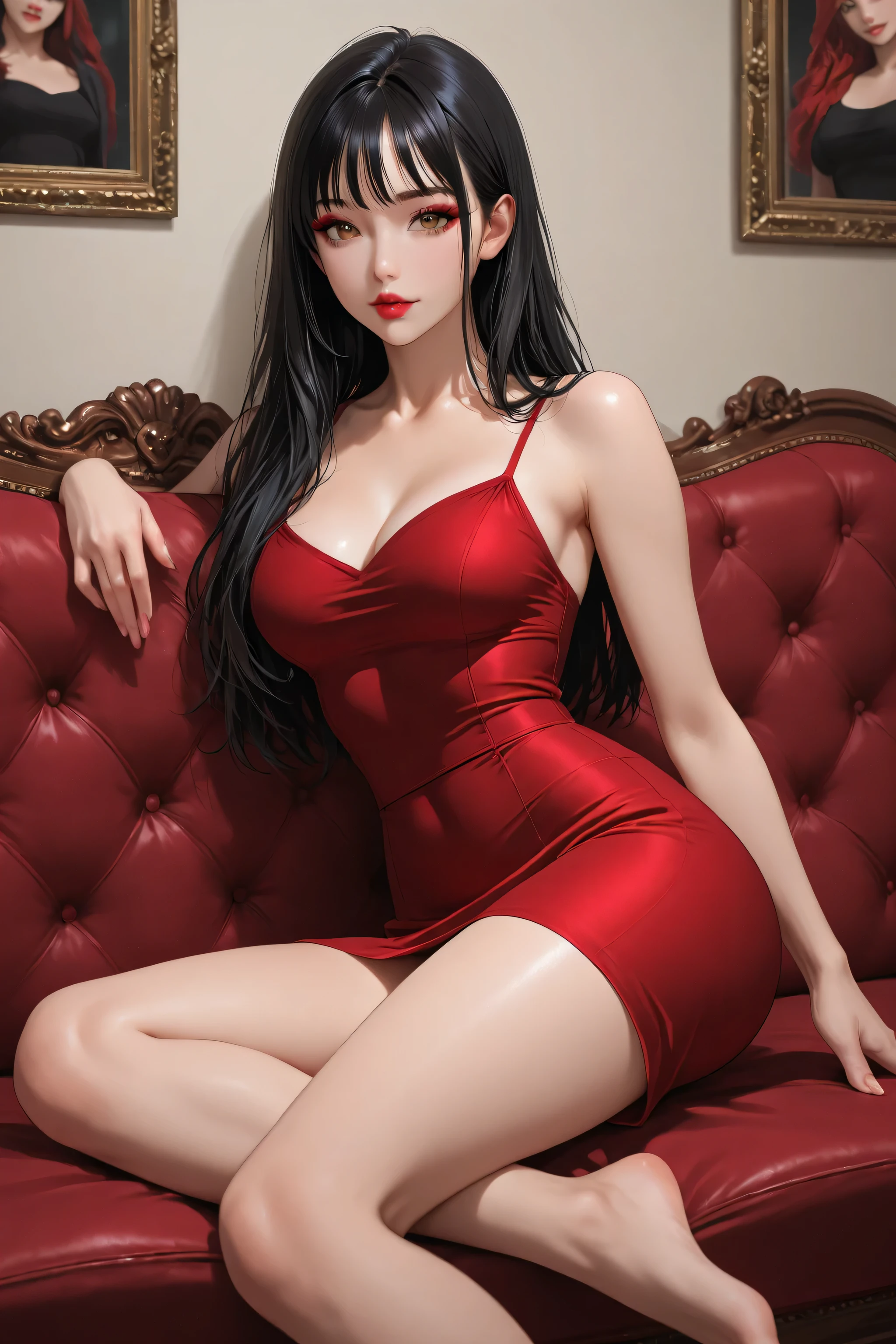 ((whole body)), 1 girl, Long hair, Red costume, Black Hair, long legs, Slender eyes, Fascinating eyes, Three long thin red hairpins, Elongated eyebrows, Tall and skinny, Clothes fluttering, (Very intricate details1.2), Big round breasts, (Sexy pose), Sheer white silk, Leakage out of the breast, Off-shoulder, raised eyebrows, Barefoot, bare legs, Delicate face, Fluffy hair, Transparent Clothes, gradient eyes, color contact lenses, light smile, lure, Surrealism, ray tracing, reflection light, high detail, Romanticism, retina, masterpiece, anatomically correct, high details, highres, 8k, super detail